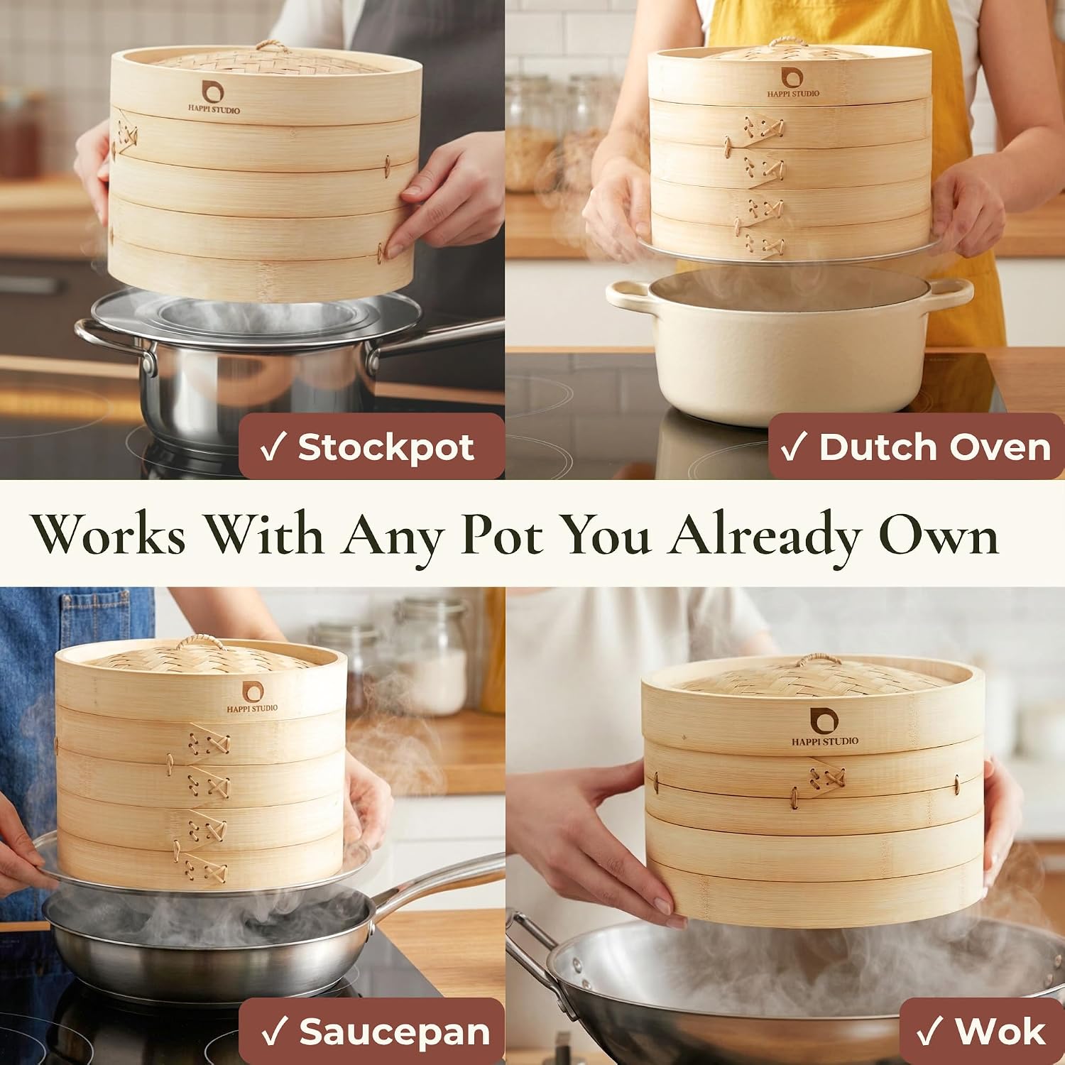 HAPPI STUDIO Bamboo Steamer Basket 10 Inch, Extra Deep Dumpling Steamer Set