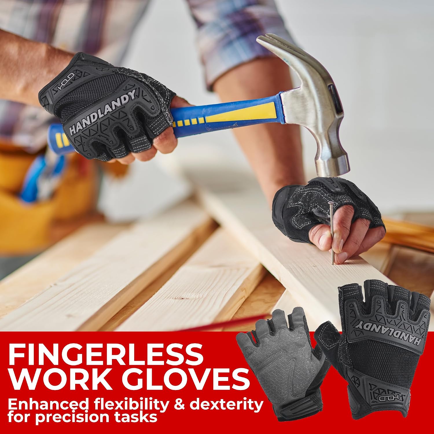 HANDLANDY Framer Work Gloves Open-Finger Carpenters Gloves, Fingerless Gaming Gloves for Tactical Shooting, Airsoft, Hunting, Police Work and Hiking L