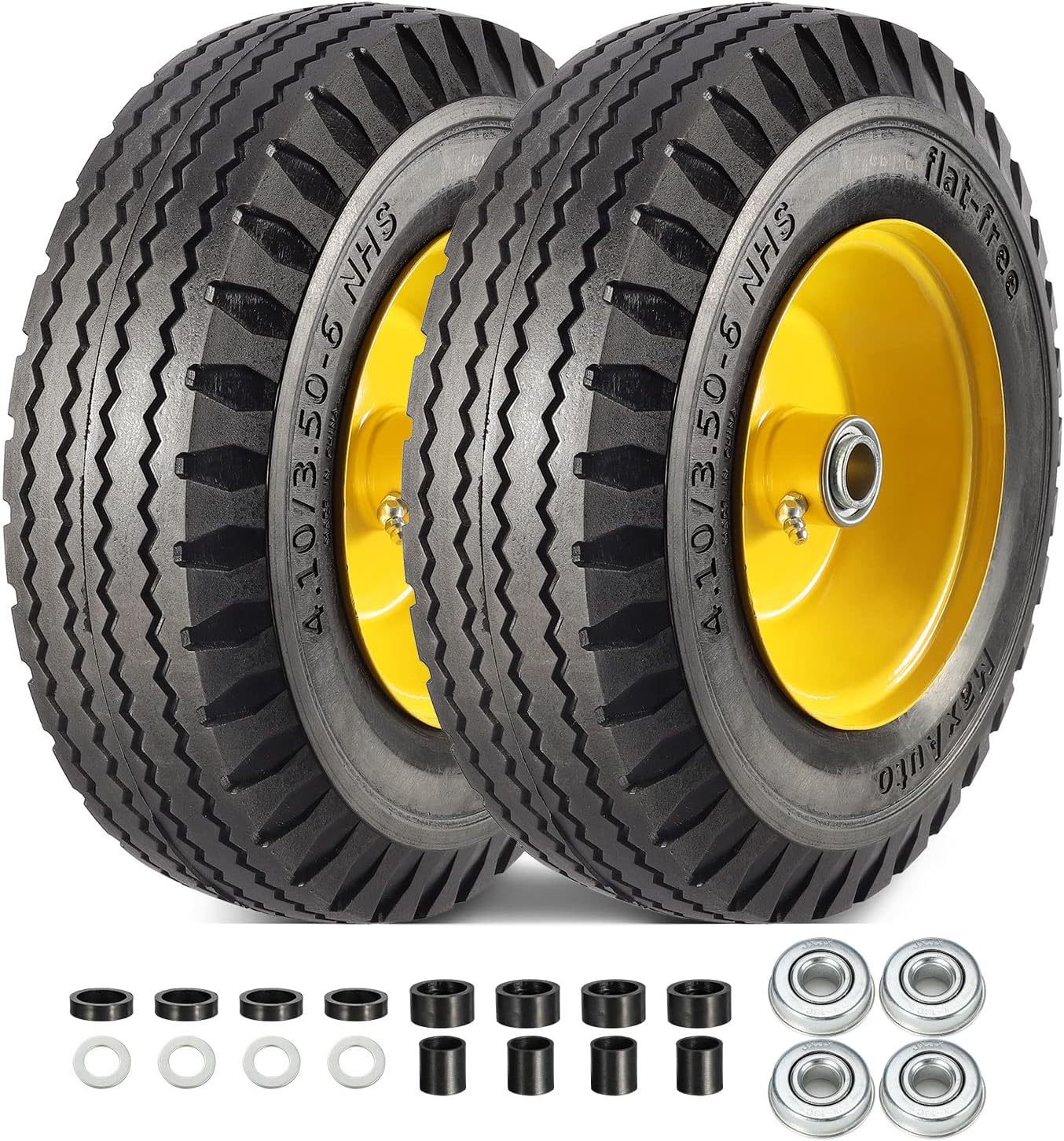 MaxAuto 4.10/3.50-6" Flat Free Tire & Wheel, 3" Centered Hub, 3/4" Bearings