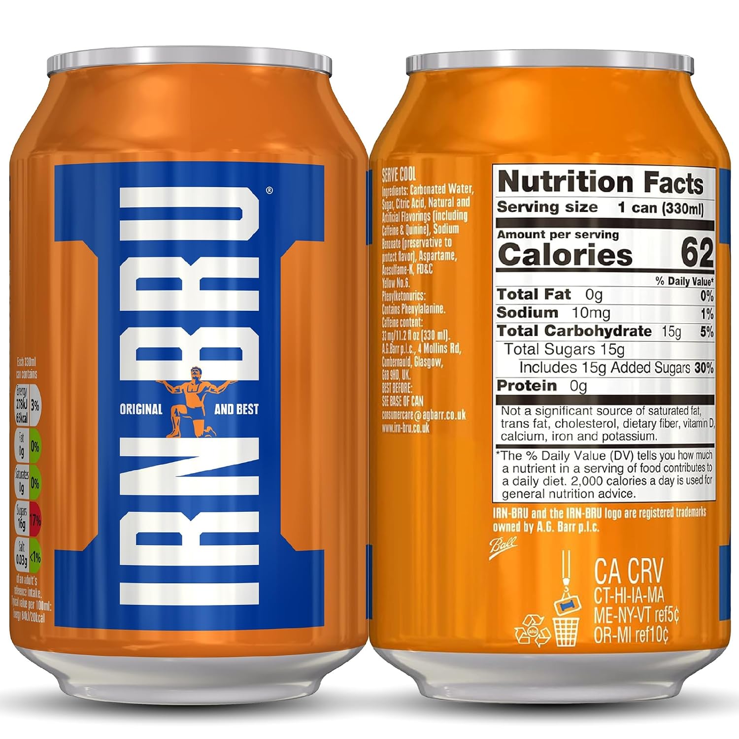 IRN-BRU Original Scottish Sparkling Soda, Citrus Flavored Carbonated Drink - Sparkling Flavored Soft Drink, 32 Flavor Recipe, 16.9 fl oz Bottles, Pack of 12