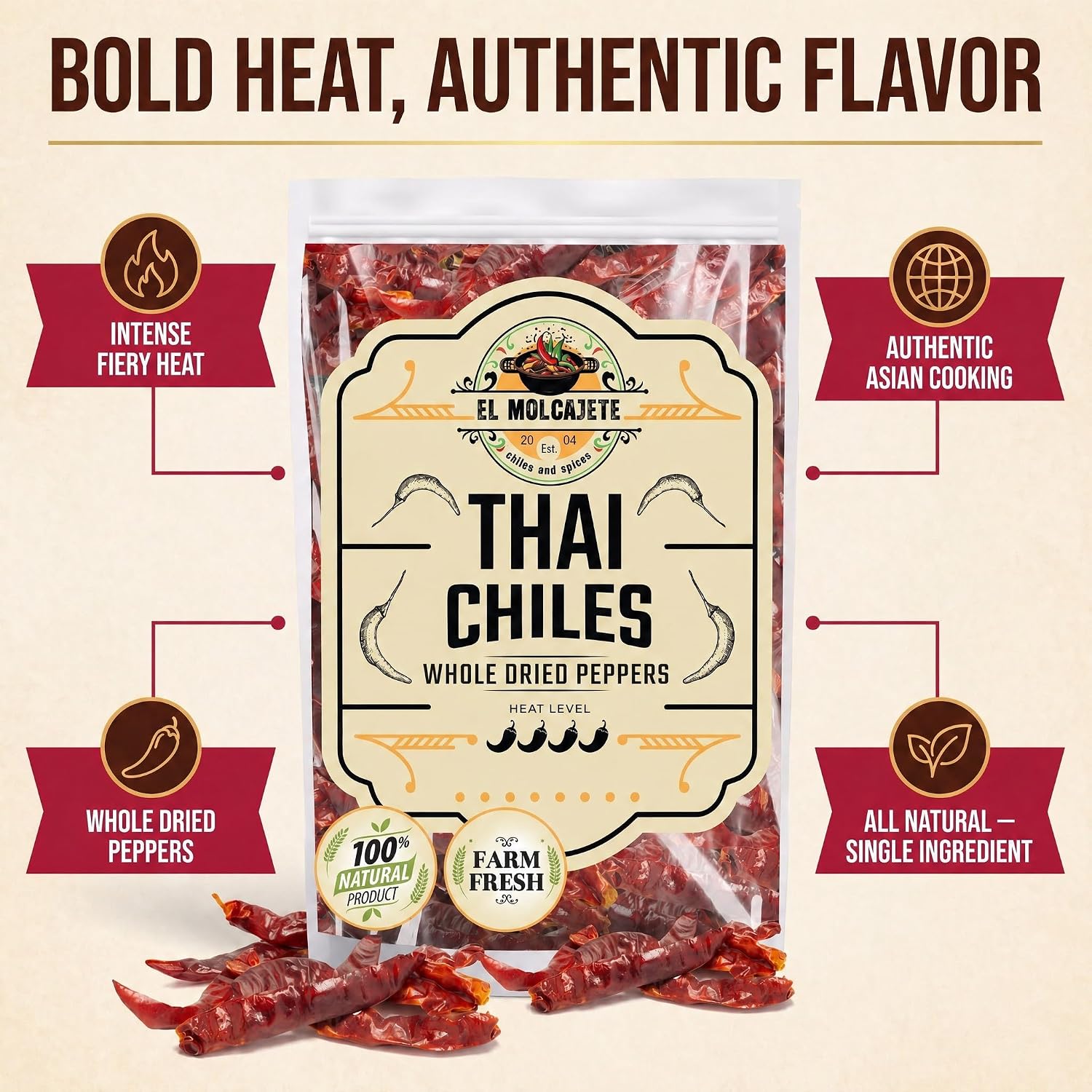 Dried Red Thai Chili Peppers 16oz Whole Hot Asian Chile for Curry Soup | Fiery authentic heat for tom yum, pad thai, ramen, stir fry & chili oil. Bulk bag, all natural. Resealable.