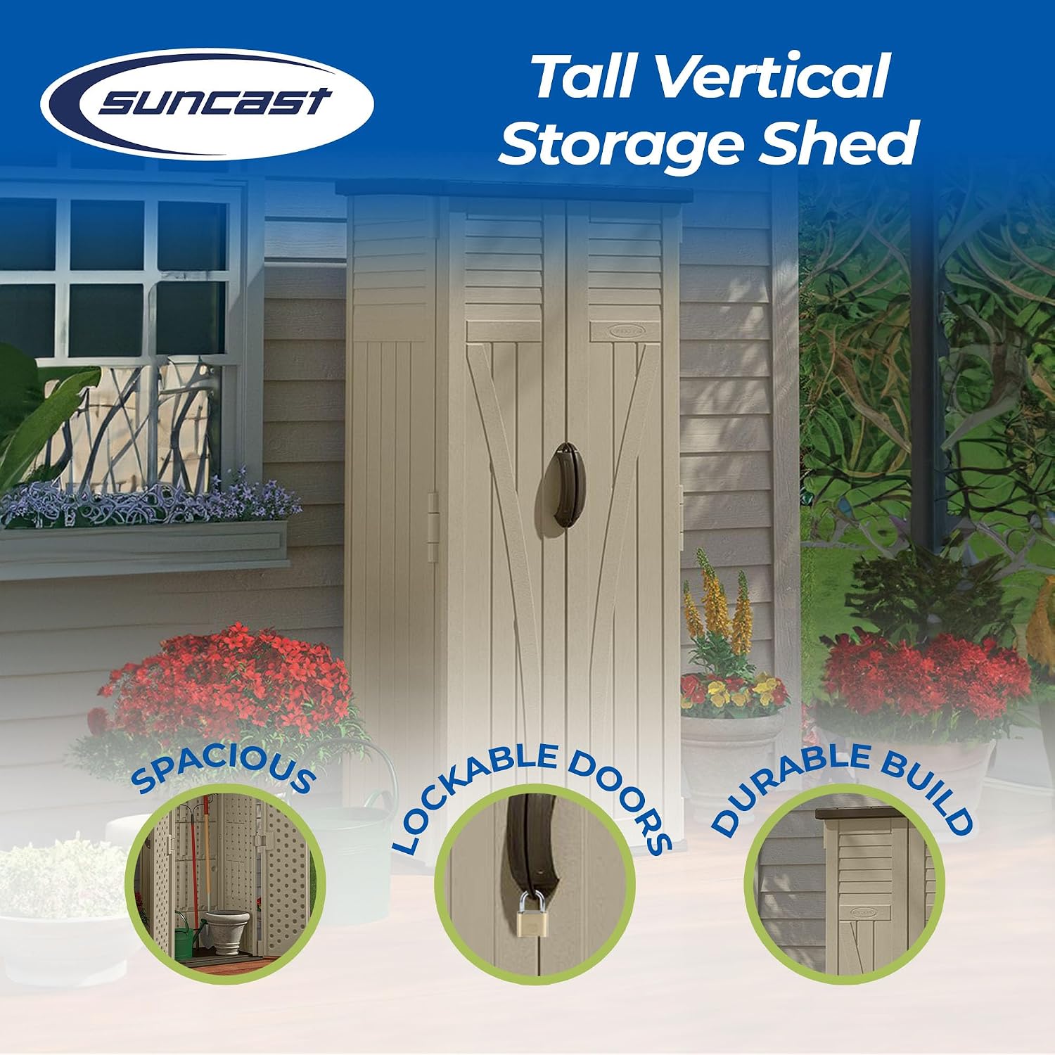 Suncast Vertical Shed, Compact Outdoor Storage System, 22 Cu. Ft. Capacity, Sand & Mustang - Lockable Multi-Wall Resin Organizer for Long-Handle Tools