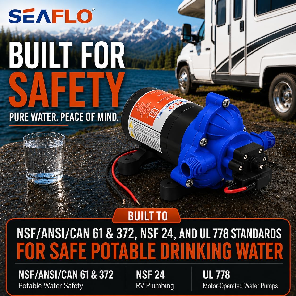 SEAFLO 55 Series 12V RV Water Pump 5.5 GPM 60 PSI Diaphragm Pump Heavy Duty Pressure Switch Built In Bypass Self Priming Quiet High Flow RV Marine Off Grid Freshwater System 4-Year Warranty