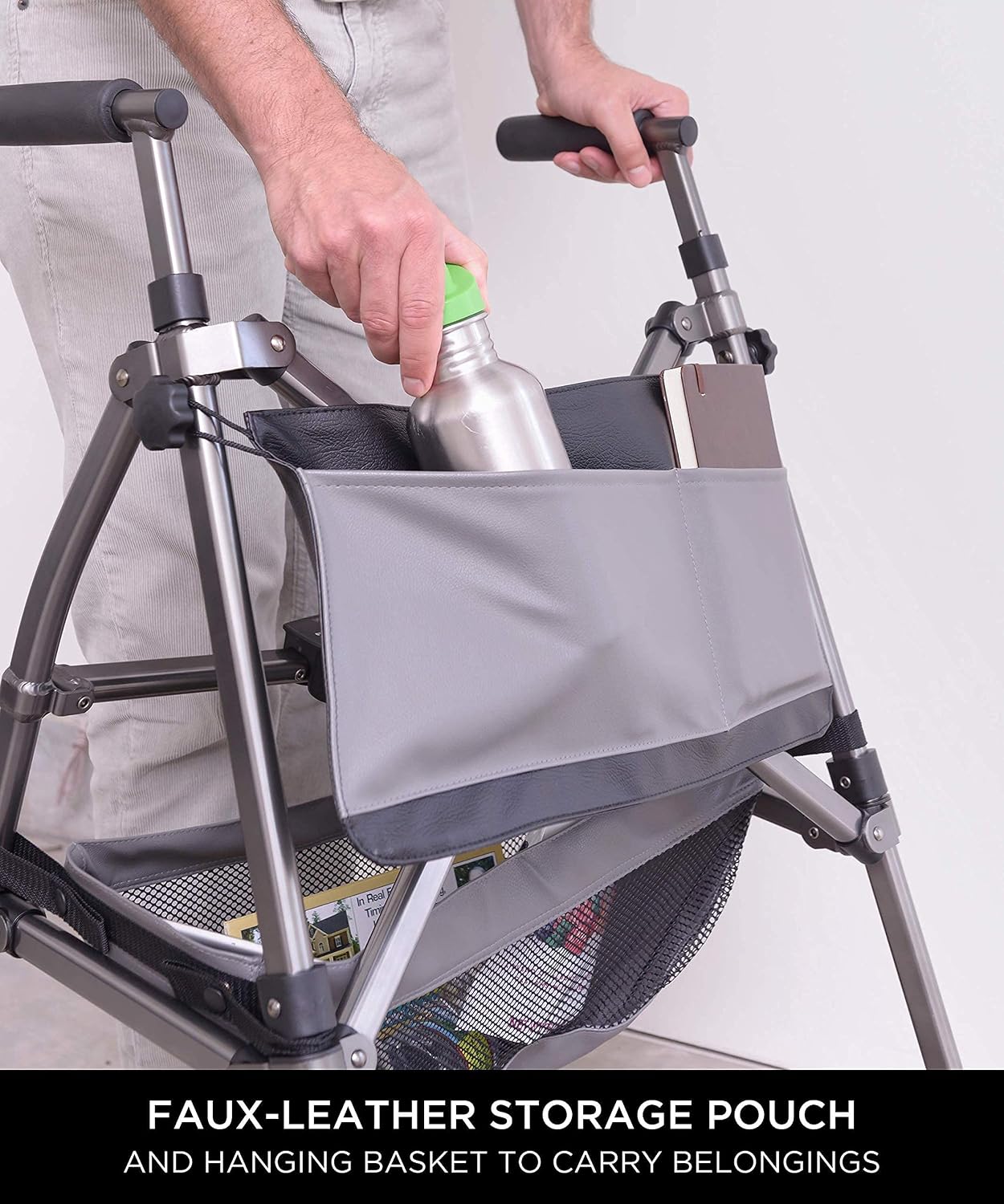 Signature Life Elite Travel Walker, Lightweight Folding Rolling-Walker with Swivel Wheels for Adults, Seniors, and Elderly, Compact Narrow Walking Aid, Height Adjustable with Ski Glides and Pouch