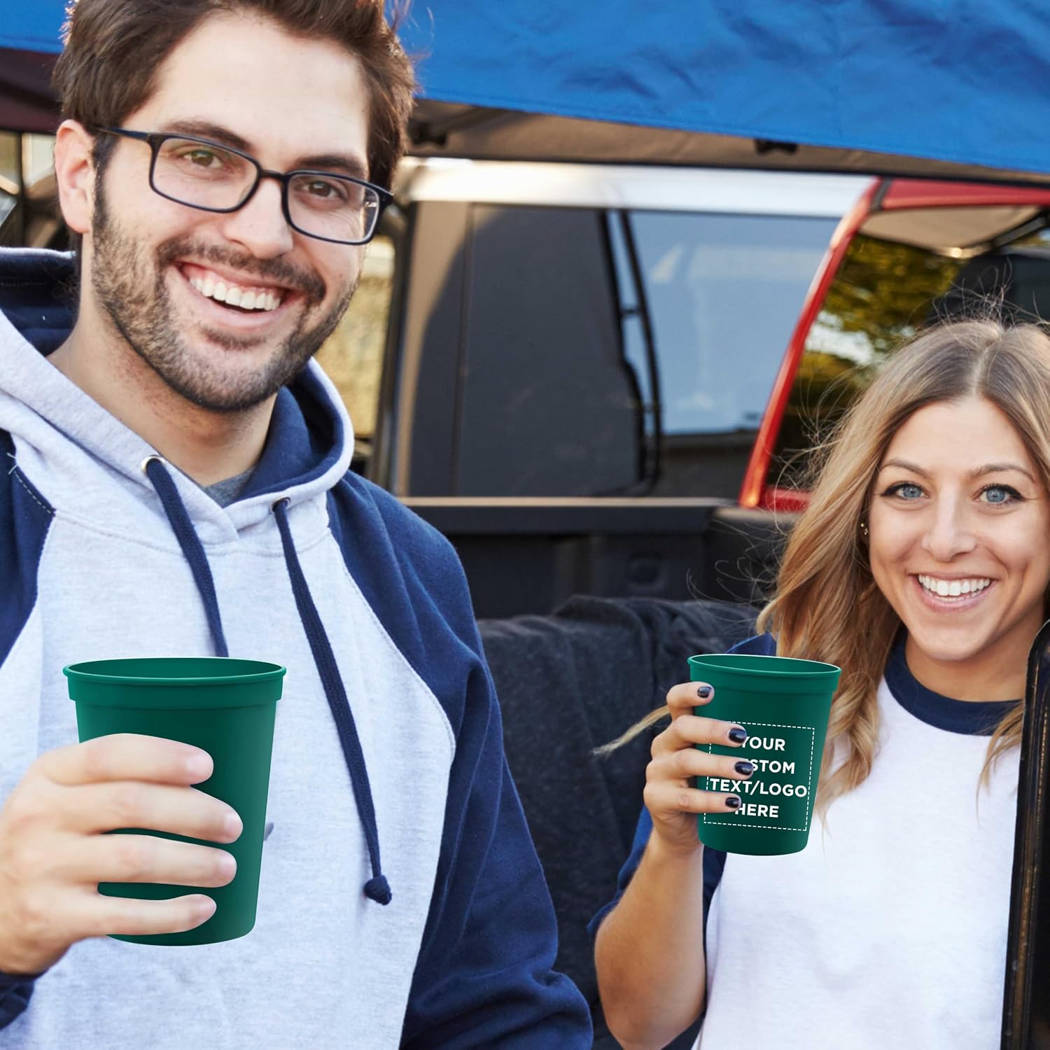 DISCOUNT PROMOS Custom Plastic Stadium Cups 16 oz. Set of 10/50/100, Personalized Bulk Pack - Perfect for Birthdays, Weddings, Picnic, Beach