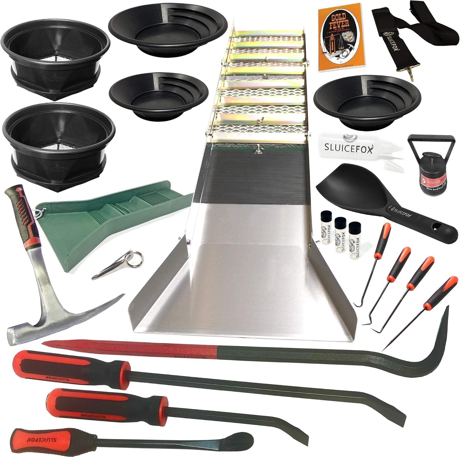 Complete Gold Mining Kit, Folding 50 inch River Sluice Box, Prospecting Equipment, Rock Pick Hammer, Gold Classifiers, Pay Dirt Scoop