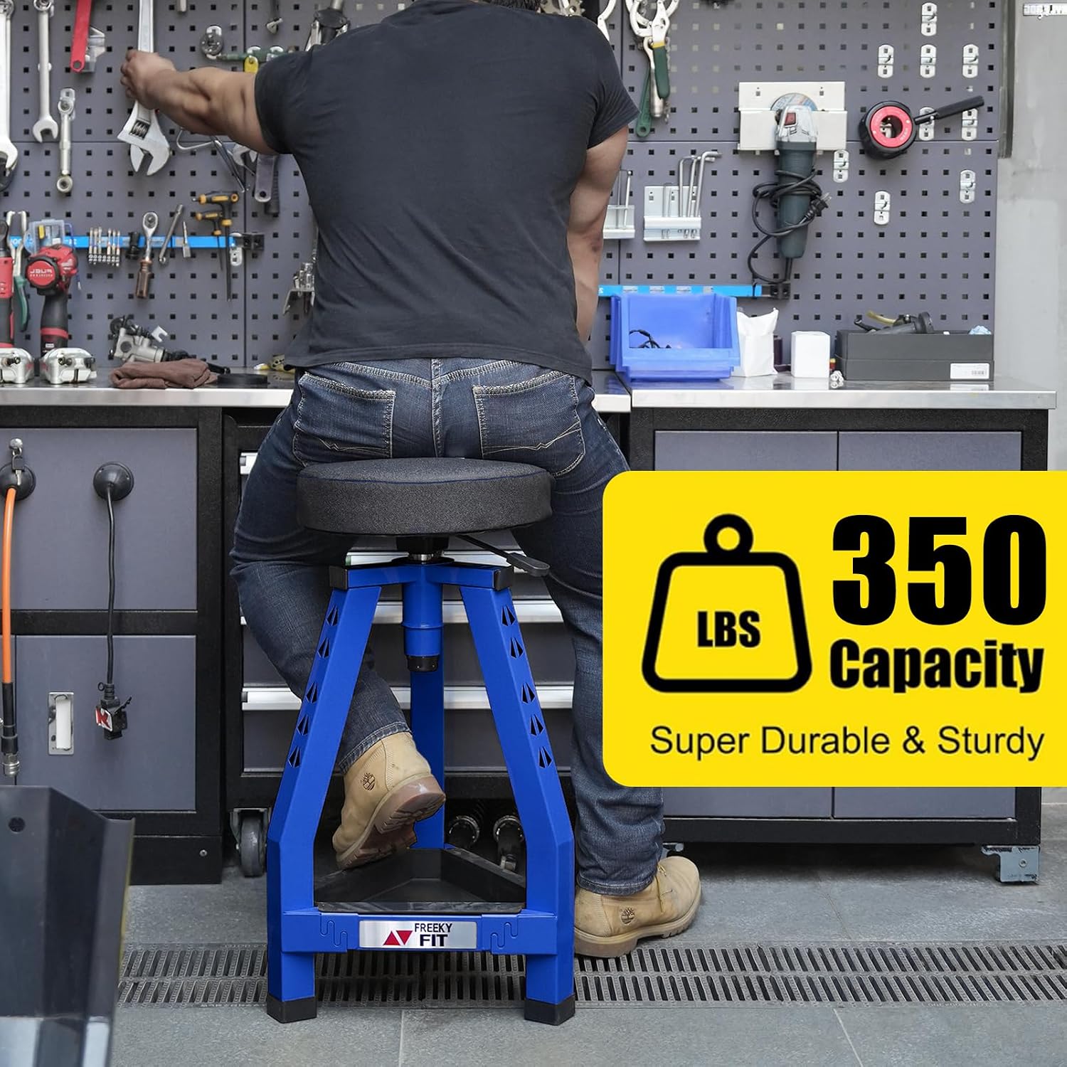 Adjustable Shop Stool,Garage Mechanic Stool Chair,Work Seat for Workshop, Adjustable Height, 360° Swivel Padded Square Seat,Tool Storage, 350 LBS Capacity, Heavy Duty, Blue