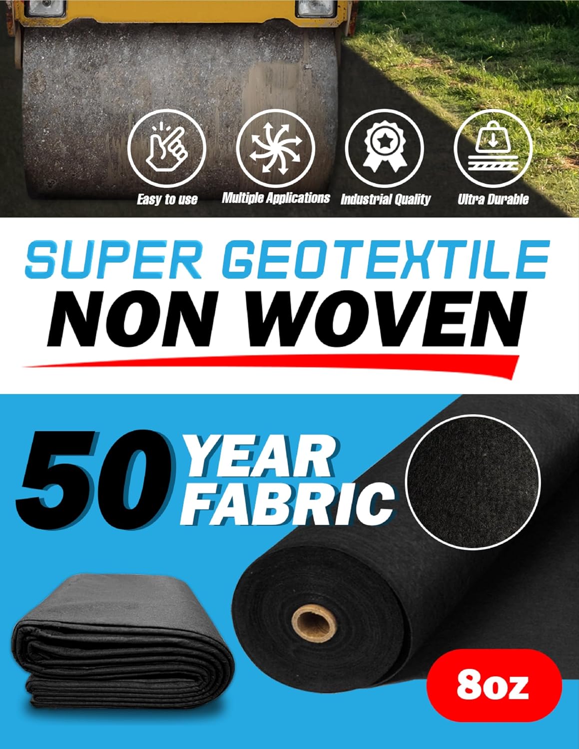 Super Geotextile 4, 6, 8 oz Non Woven Fabric for Landscaping, French Drains, Underlayment, Erosion Control, Construction Projects - 8 oz (4x100)