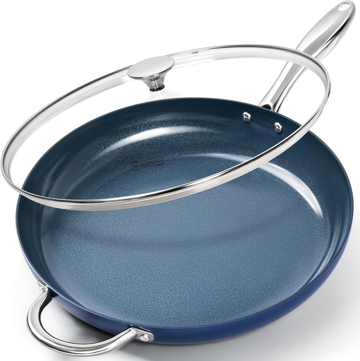 MICHELANGELO 10 Inch Frying Pan with Lid, Blue Frying Pan with Nonstick Diamond Infused Coating, Nonstick Frying Pans, Diamond Fry Pan Blue