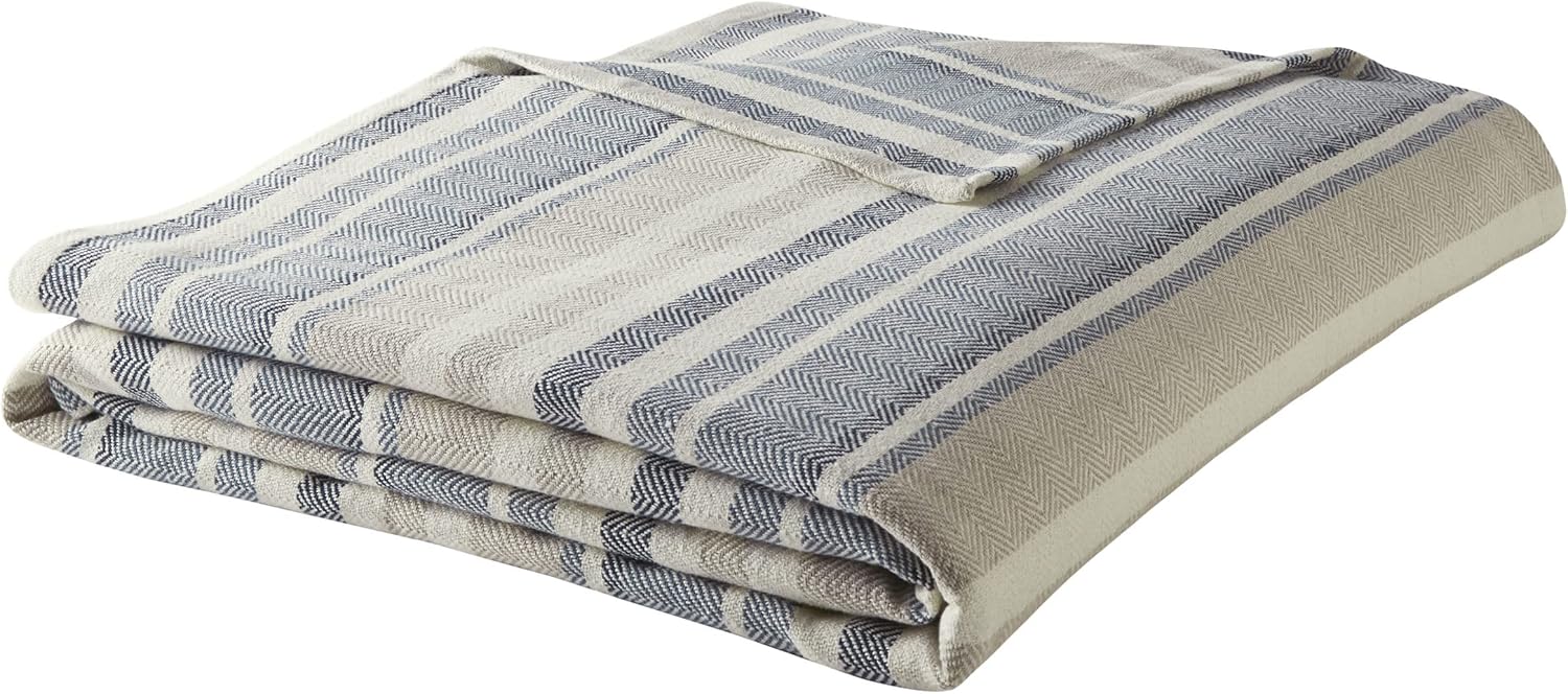 Eddie Bauer - Queen Size Blanket, 100% Soft Cotton Bed Blanket for Year Round Comfort, Throw Blanket for Couch or Bed (Herringbone Blue Stripe)
