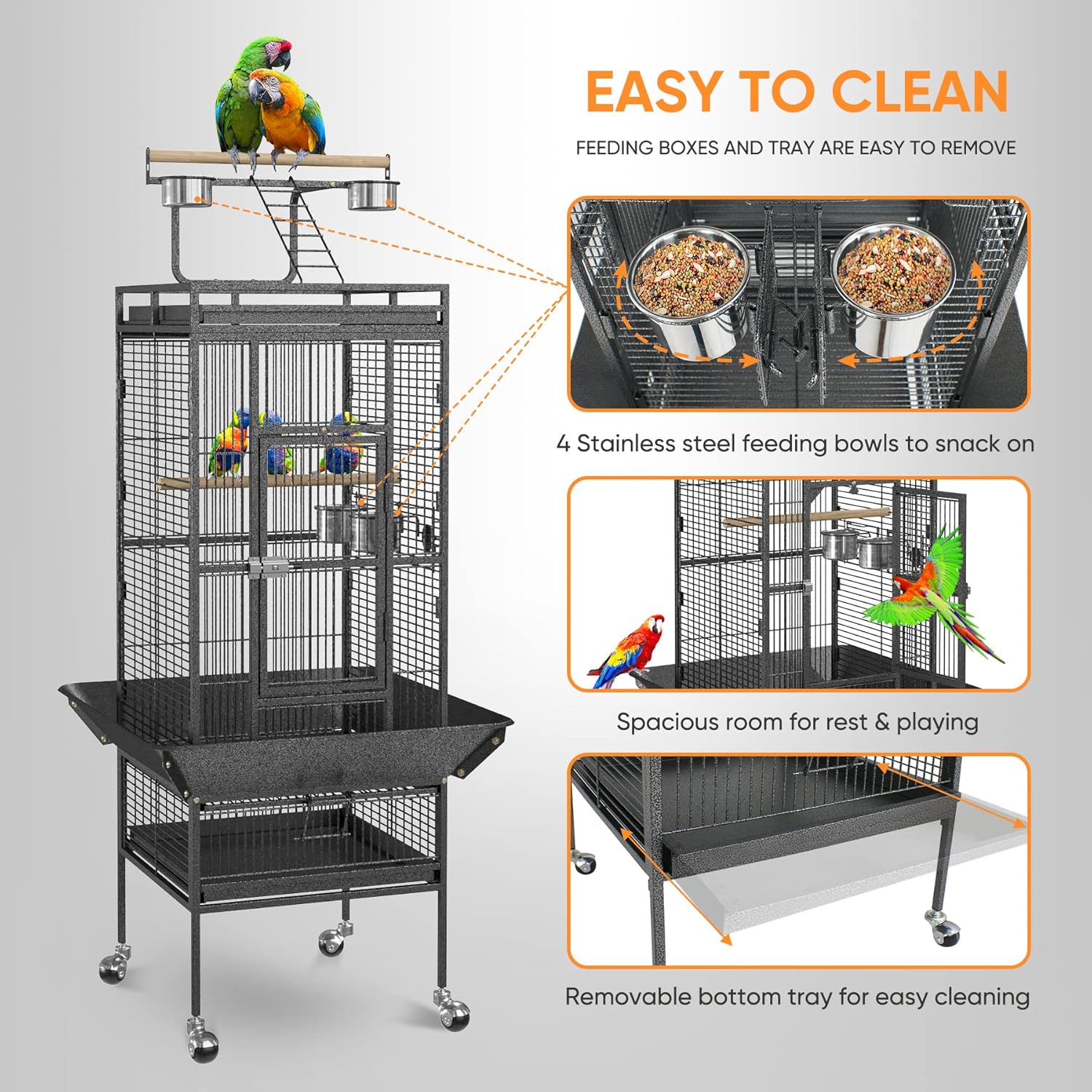 68 inch Iron Bird Cage, Play Top Parrot Cage with Rolling Stand for Parrot Cockatiels Parakeet Cage Macaw Finch Cockatoo Perch Pet House, Black