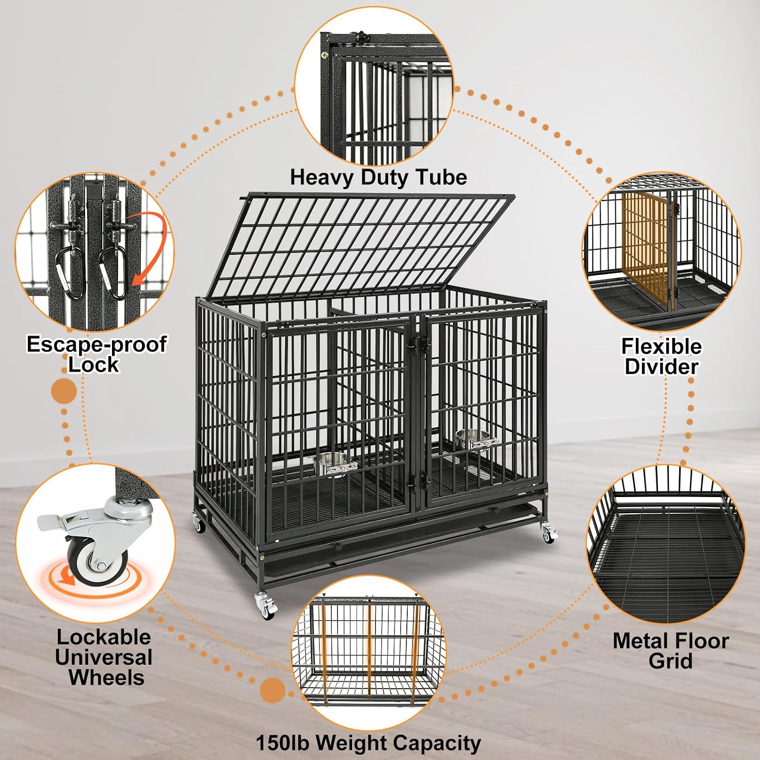 Homey Pet Taller 43" Heavy Duty Double Dog Crates with Divider & Dual Door | Drop Cage for Dogs with Lockable Wheels, Bowls, Removable Tray, Top Access, Ideal for Small to Medium & Large Dogs, Breeders