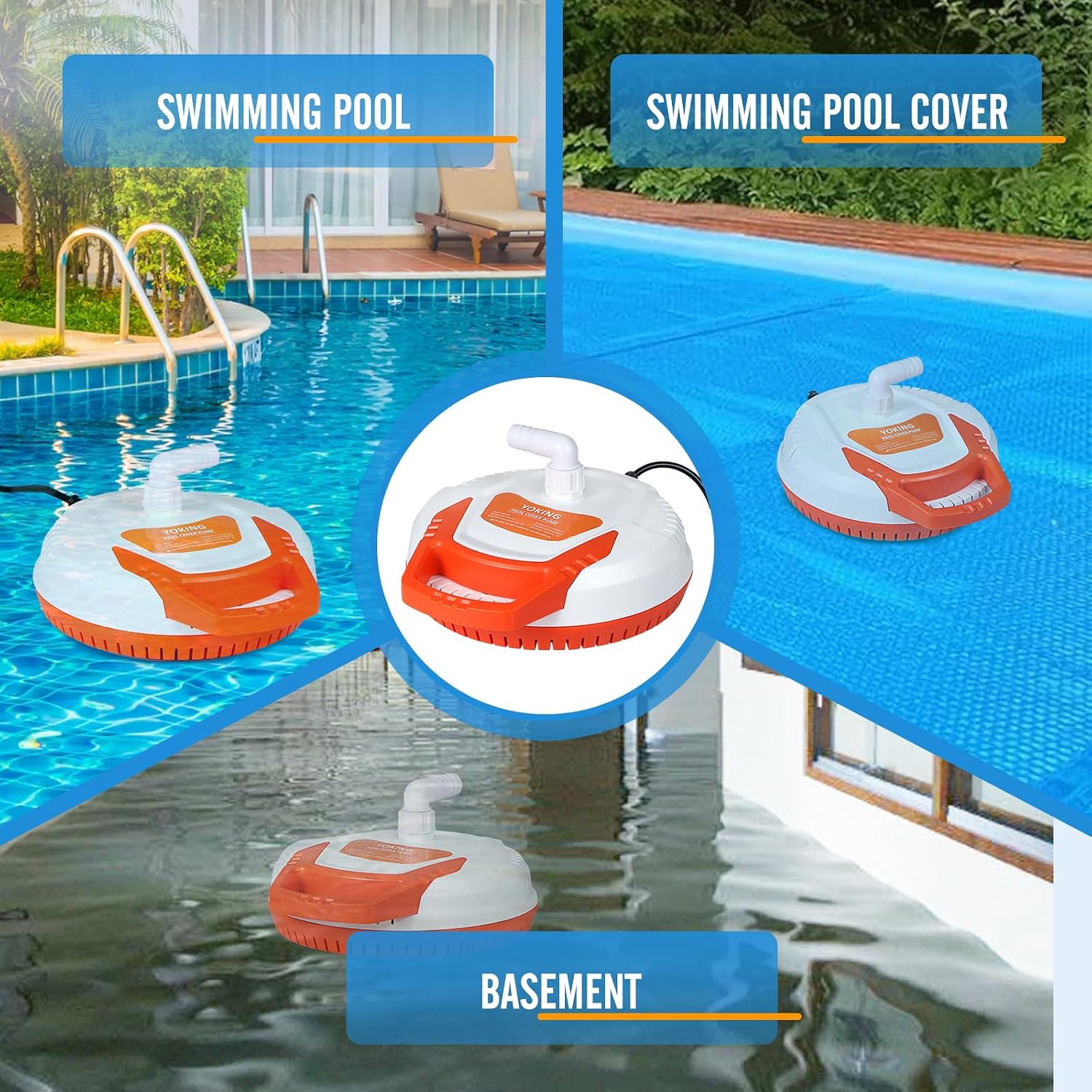 YOKING Automatic Pool Cover Pump, 1/4 HP 1500GPH Swimming Pool Submersible Water Sump Pump