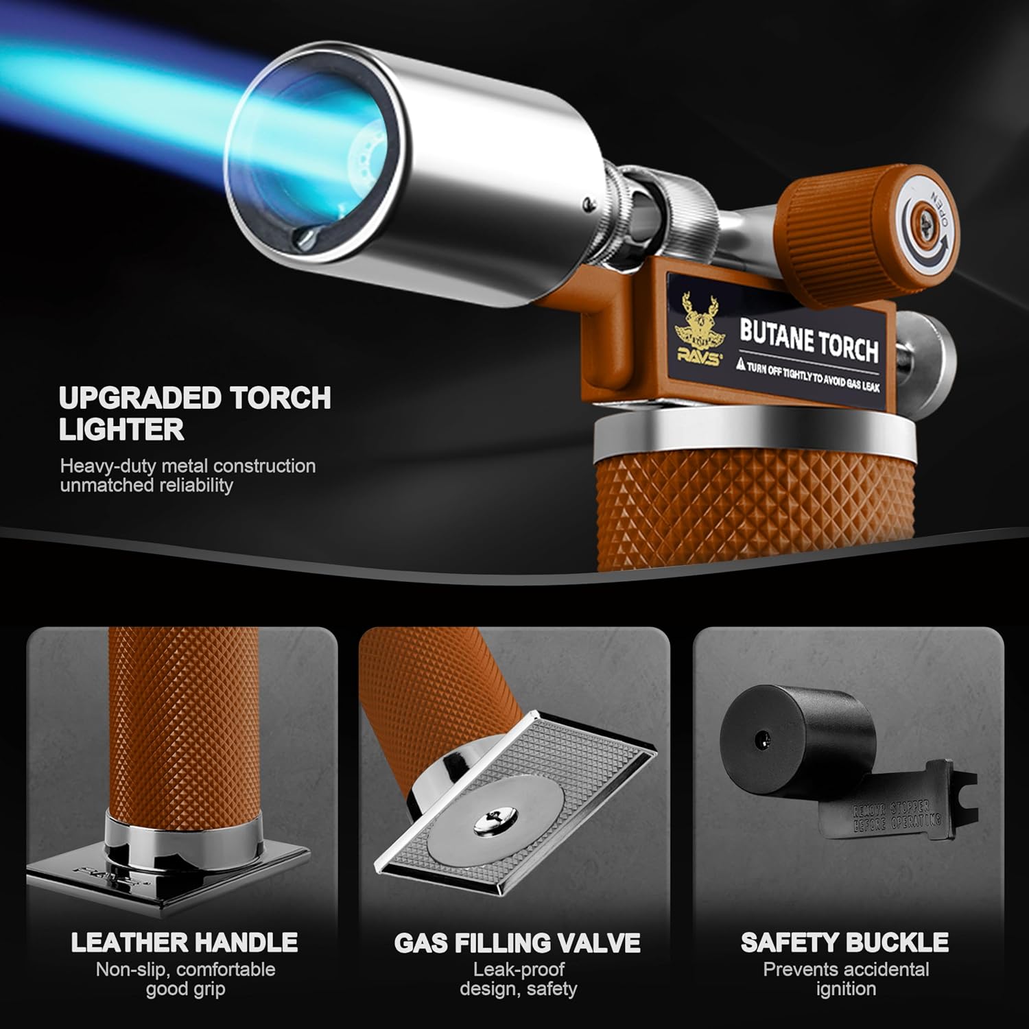 RAVS Butane Torch Lighter, Premium Metal Kitchen Torch with Adjustable Flame & Safety Buckle, Refillable Creme Brulee Torch for Baking, BBQ, DIY