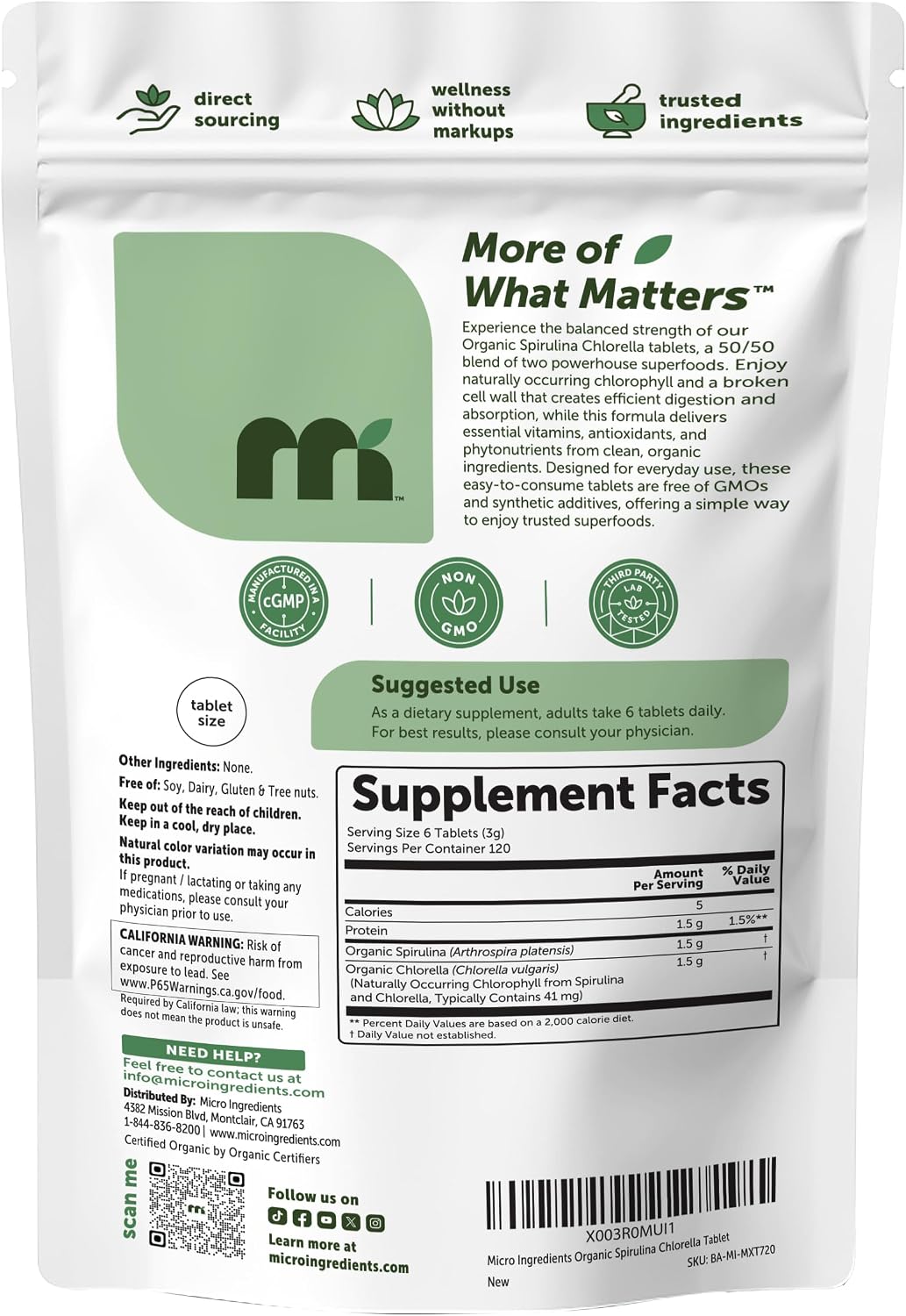 Micro Ingredients Organic Spirulina Chlorella Tablets, 720 Count | 4 Month Supply. 50/50 Algae Blend, Broken Cell Wall