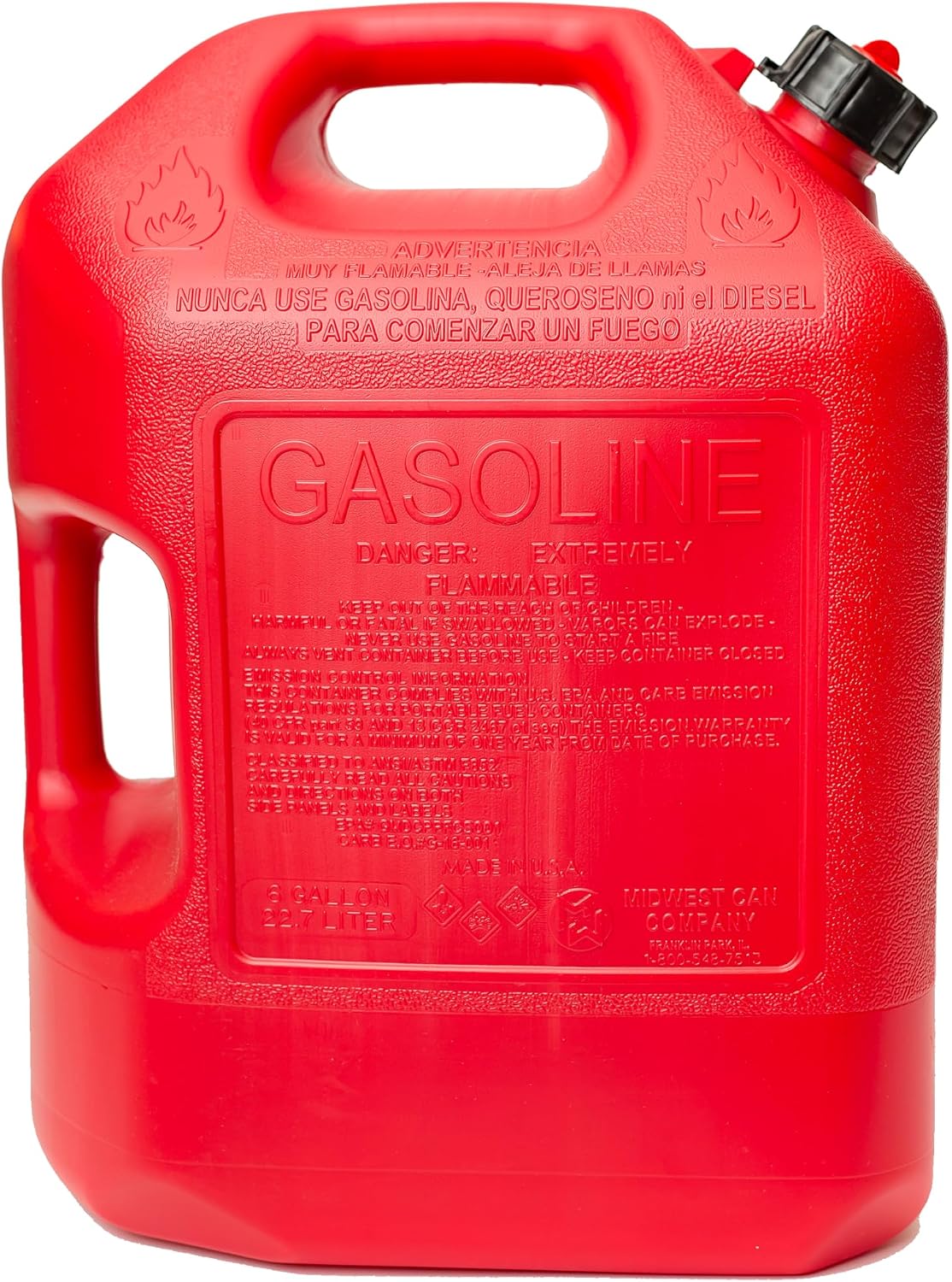 Midwest Can 6610 Safe-Flo Auto Shut Off 6 Gallon Gas Can – Durable Fuel Containers with FlameShield Safety System & Quick-Flow Spout - Red - 4 Pack