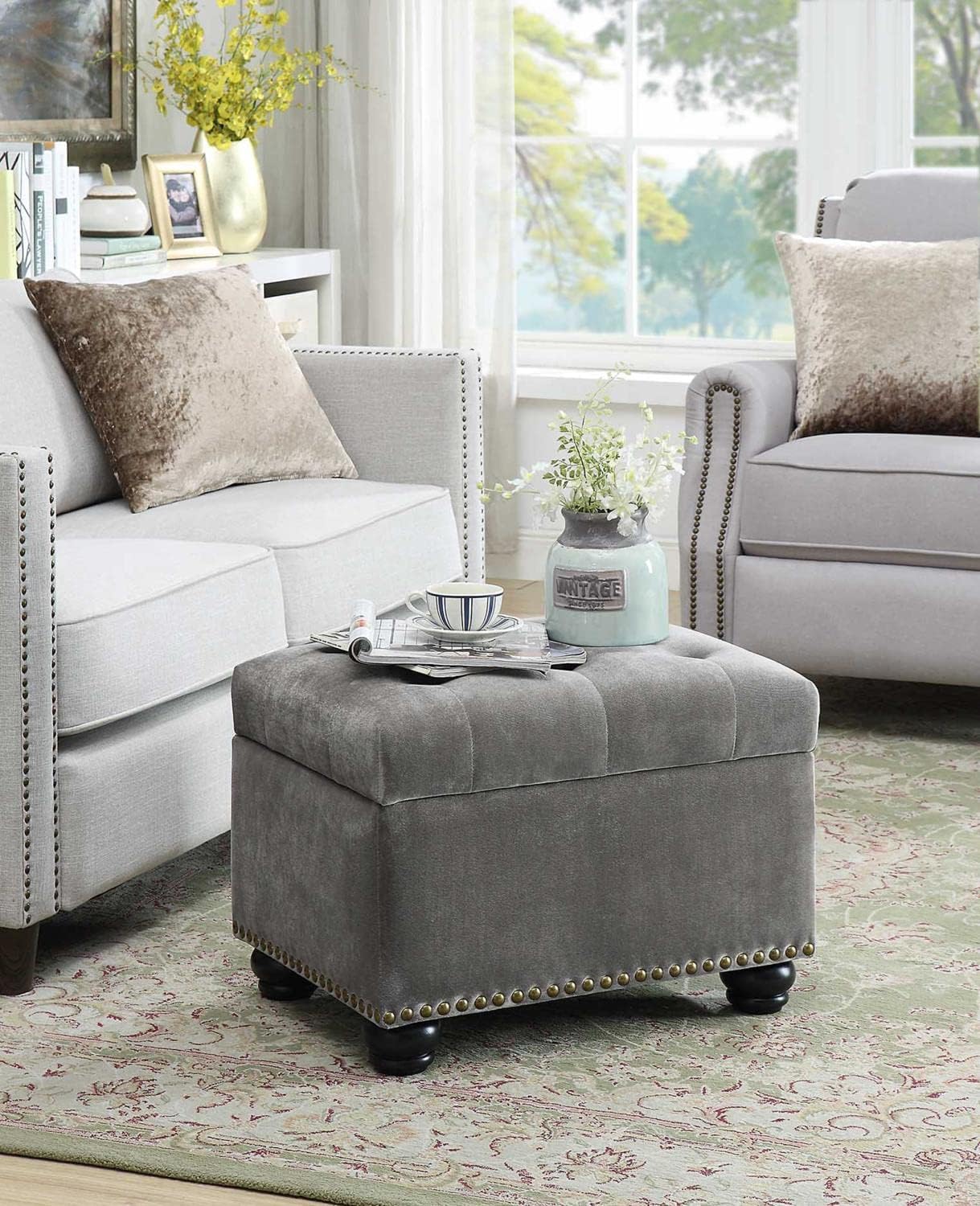 Convenience Concepts Designs4Comfort 5th Avenue Storage Ottoman 24" - Contemporary Foot Stool and Seat with Hinged Lid for Living Room, Dining Room, Office, Den, Espresso Faux Leather