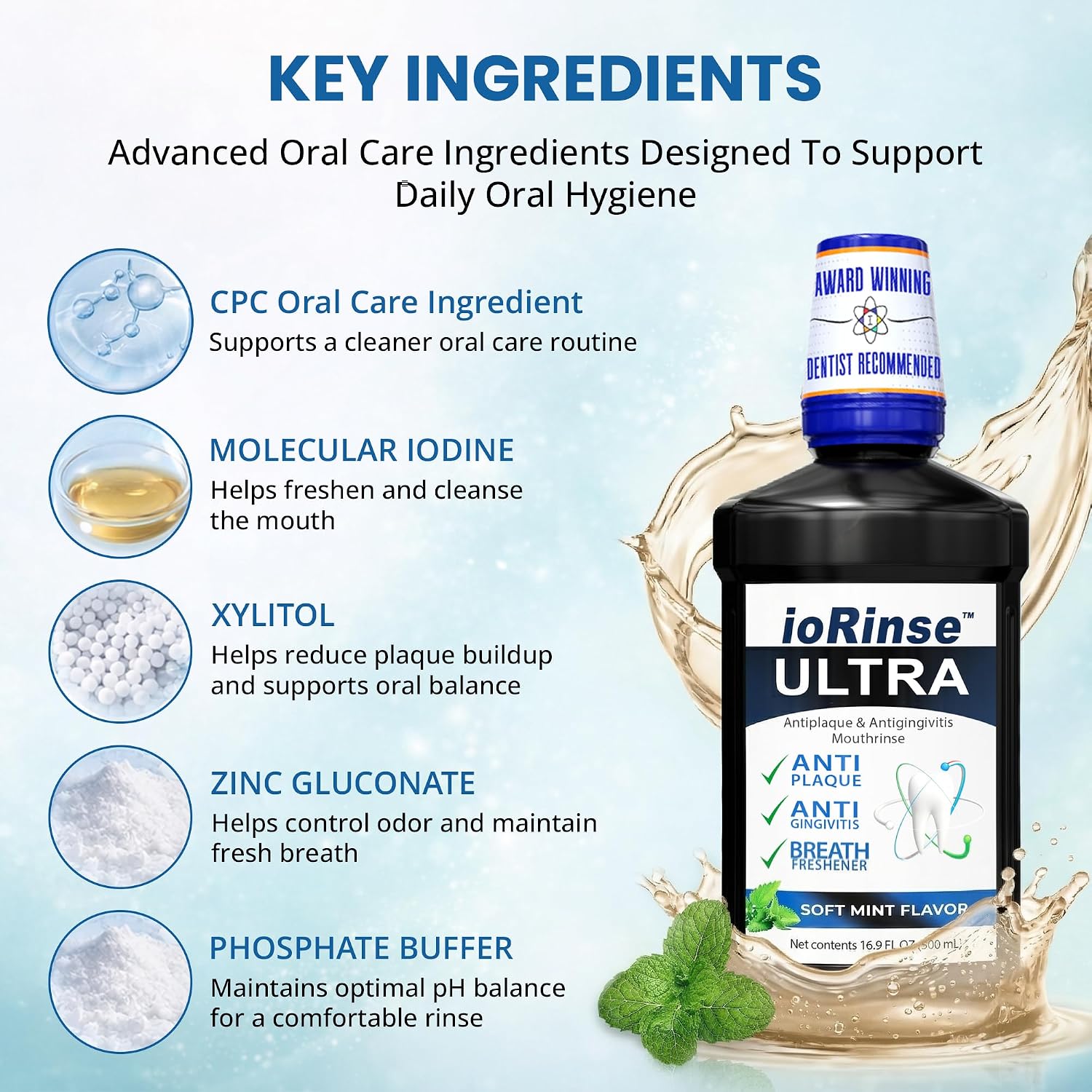 ioRinse RTU Halitosis Mouthwash, Molecular Iodine Oral Rinse, Soft Mint, 1L