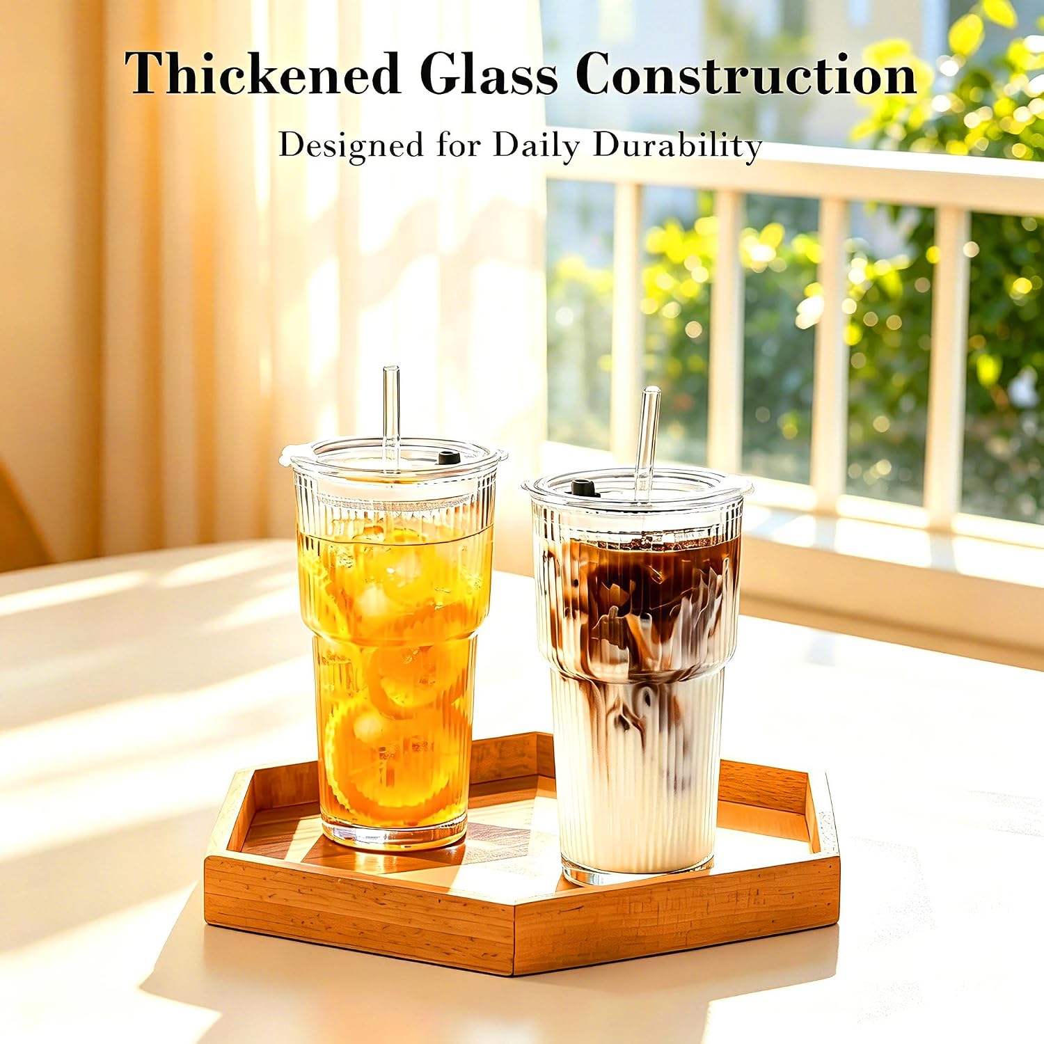 Glass Cups with Lids and Straws, 2Pcs 20oz Glass Coffee Cups Leak Proof | Ribbed Thick Reusable Glass Tumbler with Straw and Lid, Fits Car Cup Holder