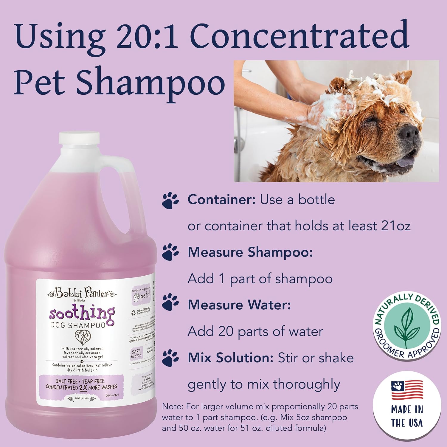 Bobbi Panter Soothing Dog Shampoo Tea Tree, Lavender, Cucumber & Oat Protein – Natural Formula for Sensitive Skin & Irritation Relief, Tear-Free, 30:1 Concentrate, Made in USA, 14 oz