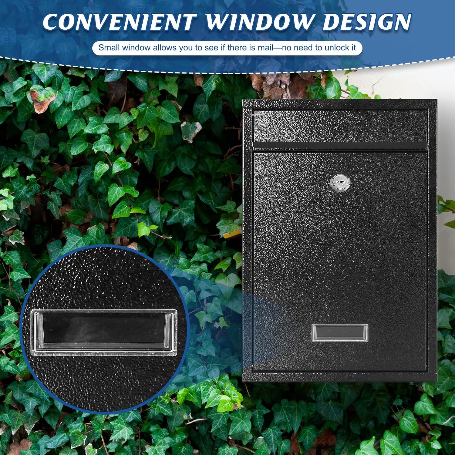 KYODOLED Mailbox for Outside, Wall Mount Locking Mailbox, Security Drop Box with Key Lock for Letters, Cash, Cards, Steel Mail Box for House Office School, 12.4H x 8.54L x 3.35W Inches, Black