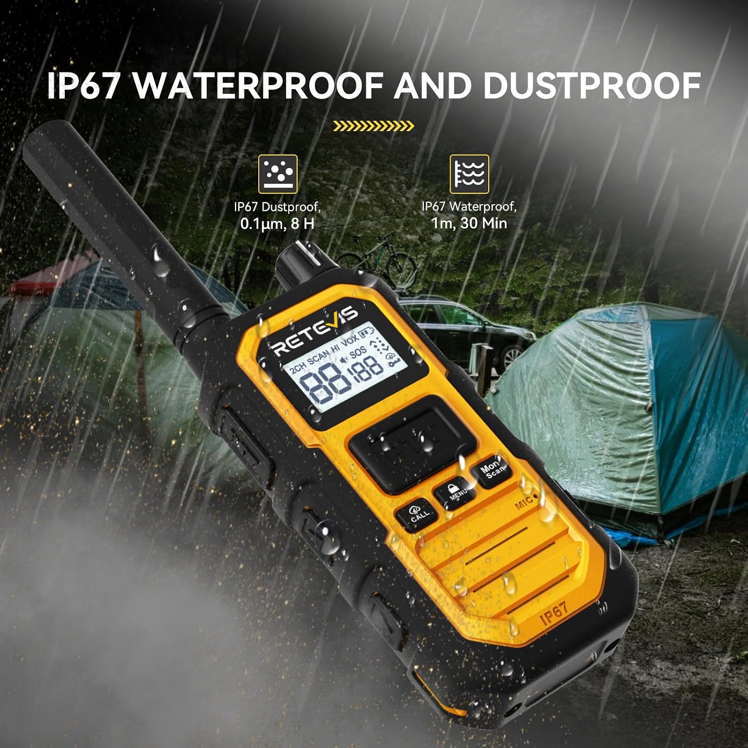Retevis RB48PLUS GMRS Walkie Talkies Long Range,IP67 Waterproof 2 Way Radio | Repeater Capable, Dual PTT, Vibration Alert, NOAA, SOS, for Hurricane Preparedness, Emergency Communication, Outdoor, 2 Pack