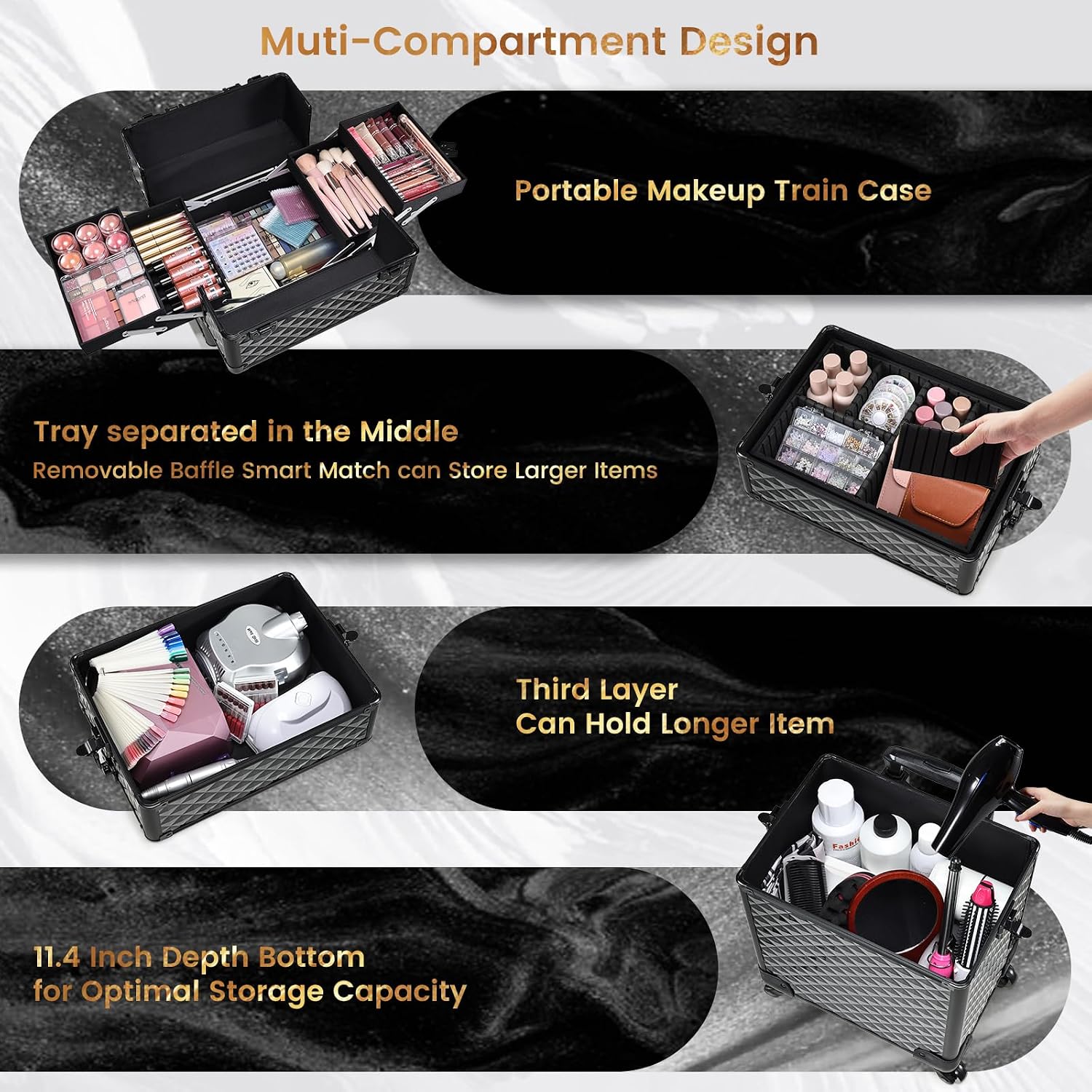Stagiant Rolling Makeup Case Cosmetology Case on Wheels 4 in 1 Large Cosmetic Organizer Train Case Makeup Travel Case with Key Swivel Wheels Nail