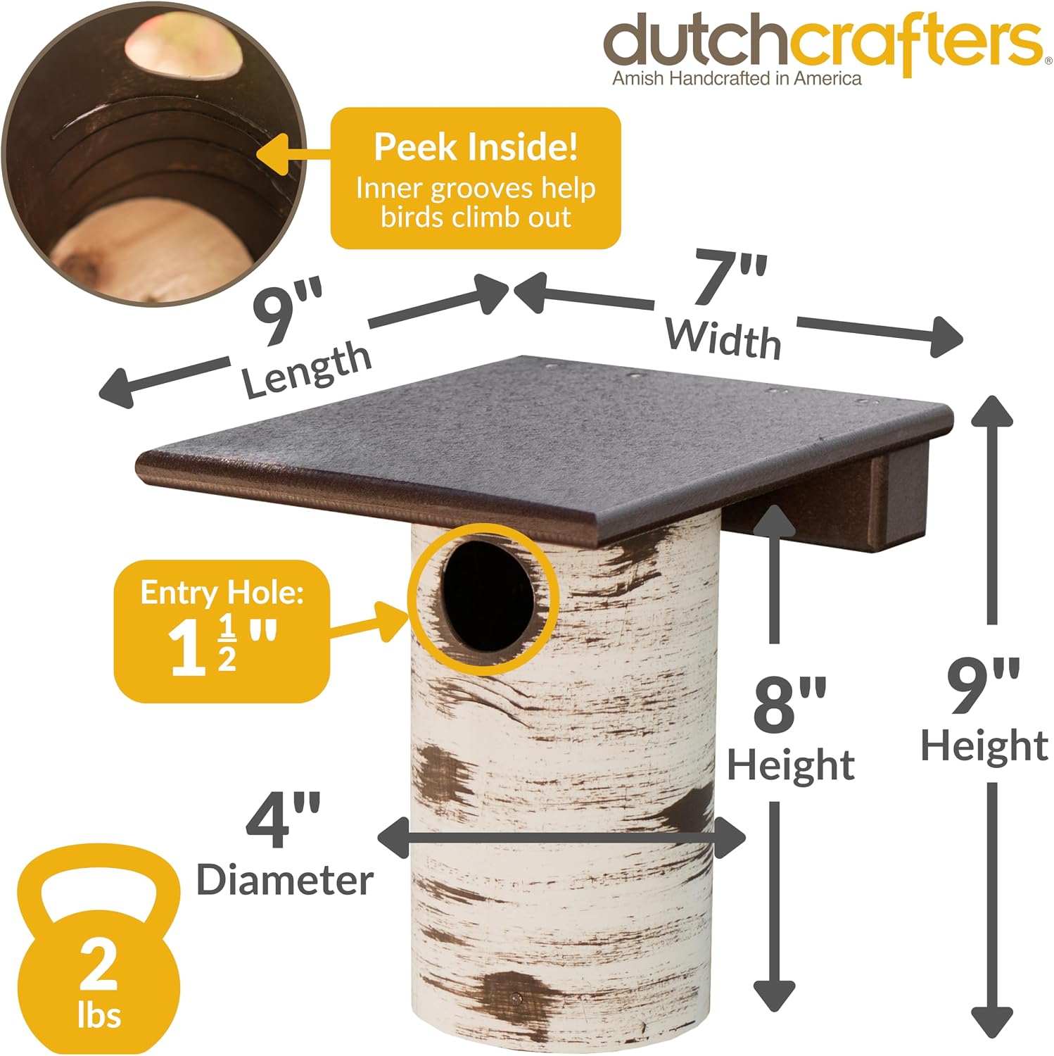 DutchCrafters Pole Mount Gilbertson Bluebird House with Removable Base, Durable Weatherproof Birdhouse Blue Bird Nesting Box for Outdoors (Poly Roof, 1 1/2" Entrance Hole)