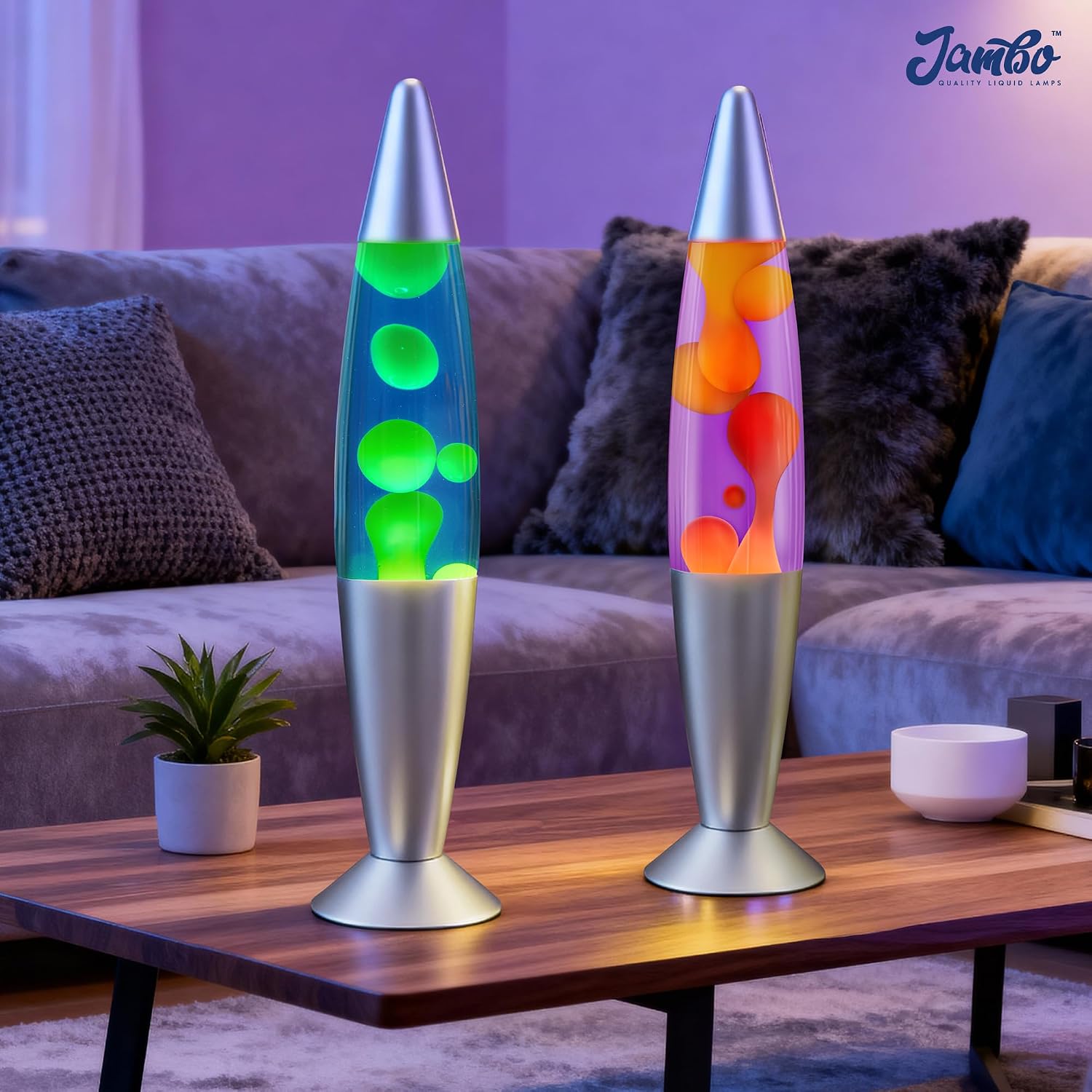 JAMBO 16" Beautiful Lamp- Purple with Yellow/Orange Wax, Relaxing Liquid Light, Night Light Nightlight