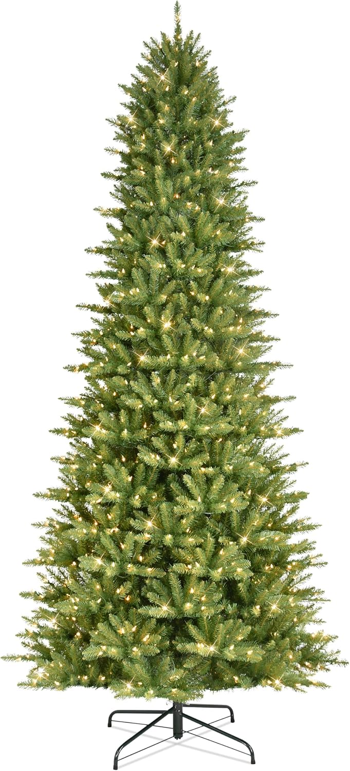 Puleo International 7.5ft Pre-Lit Slim Fraser Christmas Tree with 500 Warm White LED Lights, 1453 Realistic Dense Branch Tips, Easy Setup Artificial Trees with Sturdy Metal Stand