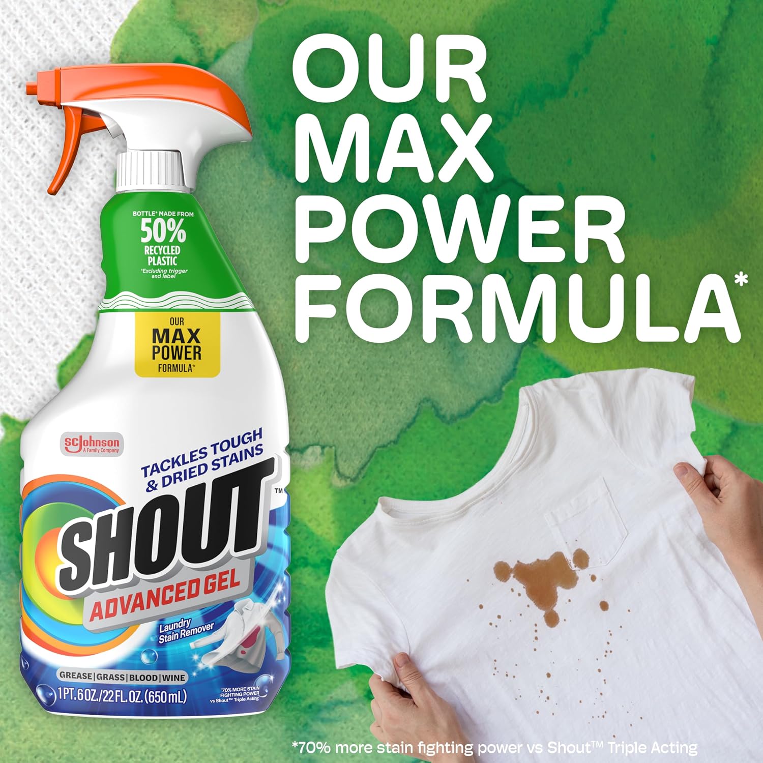 SHOUT Advanced Laundry Stain Remover Gel for Clothes Laundry, Breaks Down Stubborn, Dried-in, and Tough Stains, 22oz Spray, Pack of 3 (Packaging May Vary)