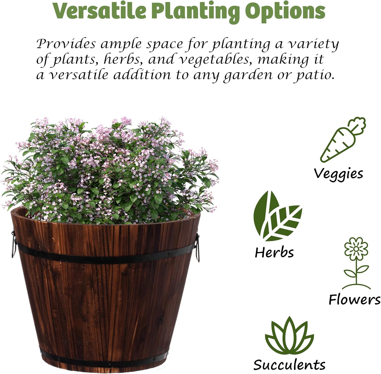 Rustic Wooden Whiskey Barrel Planter with Durable Medal Handles and Drainage Hole - Perfect for Indoor and Outdoor Plants, Herbs, and Vegetables - Medium