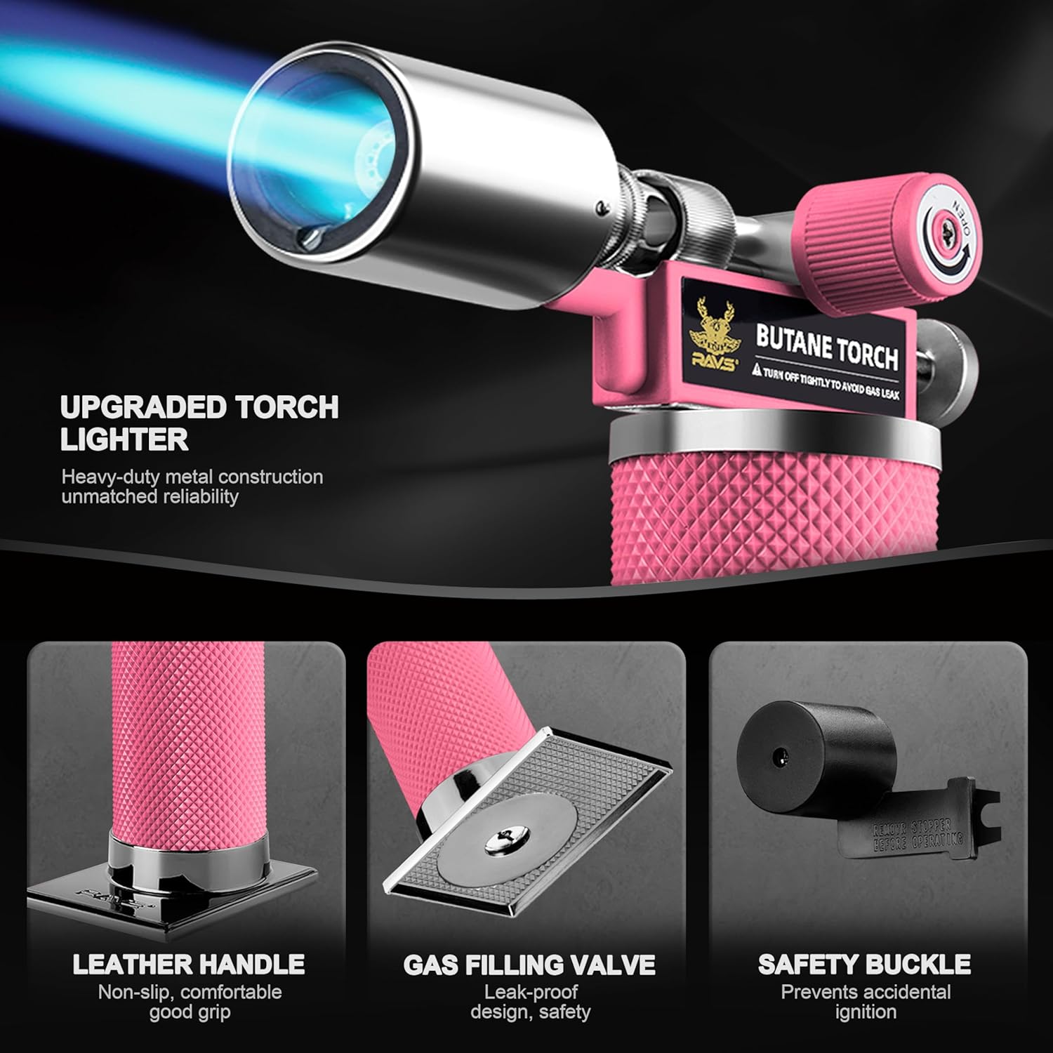 RAVS Butane Torch Lighter, Premium Metal Kitchen Torch with Adjustable Flame & Safety Buckle, Refillable Creme Brulee Torch for Baking, BBQ, DIY