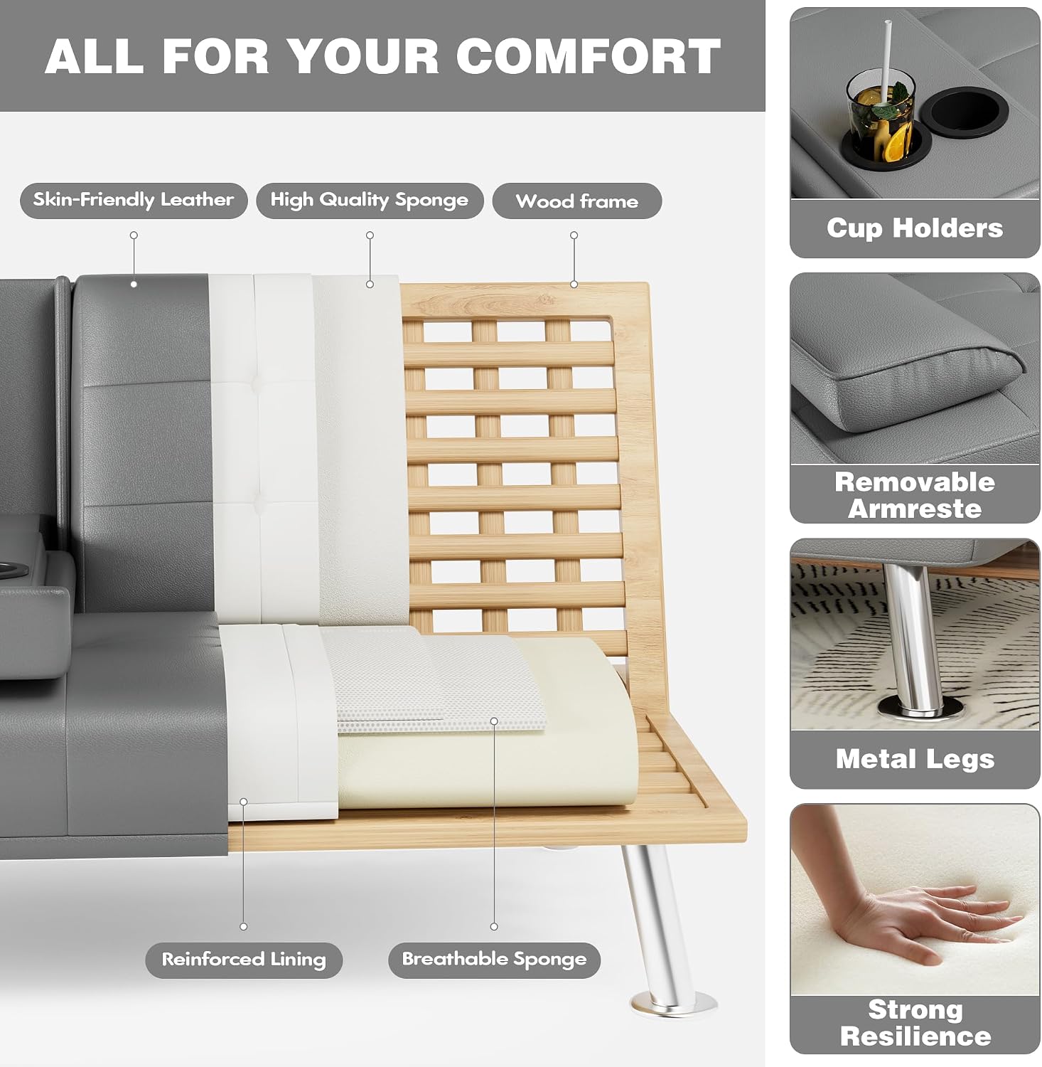 JUMMICO Faux Leather Futon Sofa Bed, Sleeper Sofa with Adjustable Backrest