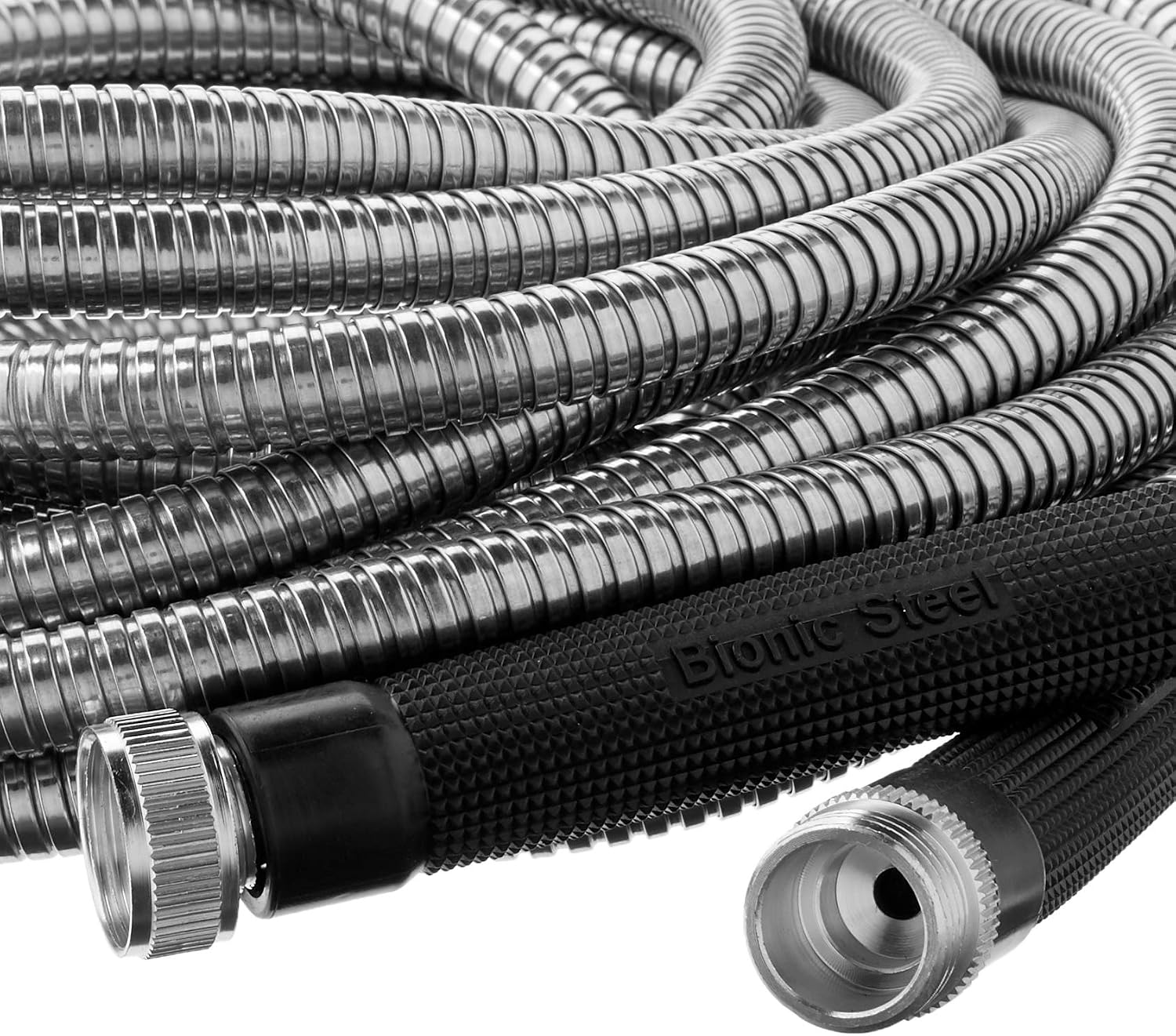 BIONIC STEEL 50 Ft Metal Garden Hose with Sprayer Nozzle | Non Kinking Design, Stainless Steel Heavy Duty Water Hose 50Ft x 5/8 in. Flexible & NON Expandable for Water Flow, 500 PSI