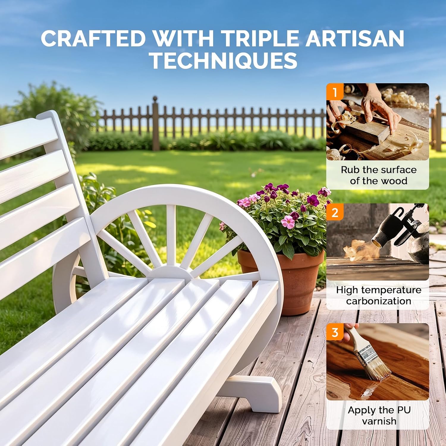 VINGLI Rustic Wooden Wheel Bench Outdoor Bench, Patio Bench Wagon Slatted Seat, Garden Benches for Outdoors 350lbs High Capacity