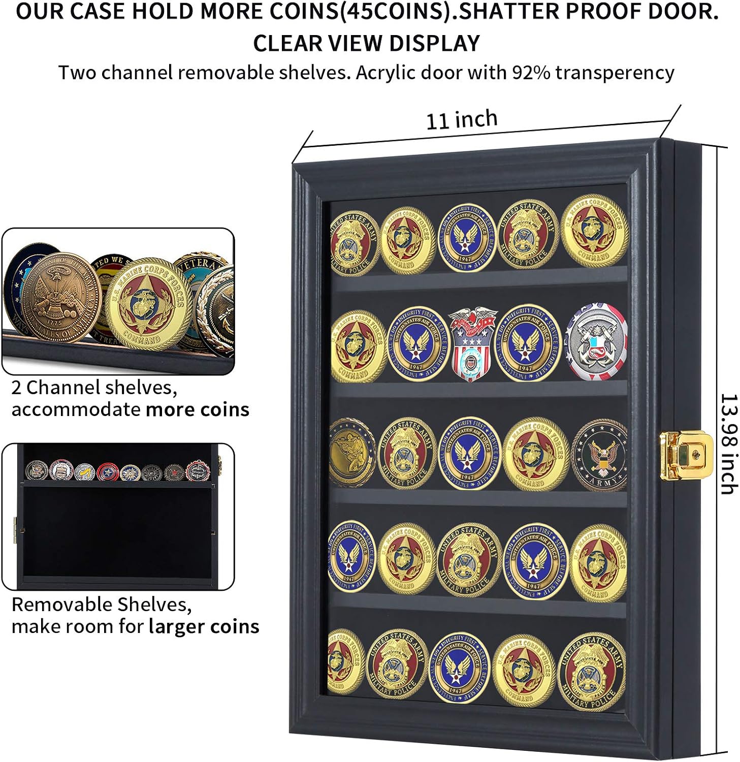 Jinchuan Military Challenge Coin Display Case Lockable Cabinet Rack Holder Shadow Box with Removable 2 Grooves Shelves and Anti Dust Door for Casino