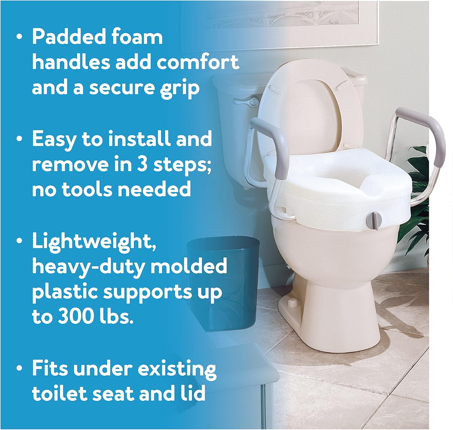 Carex E-Z Lock Toilet Seat and Safety Frame Combo Pack, 5-Inch Height Lift Seat Riser for Elderly and Handicap