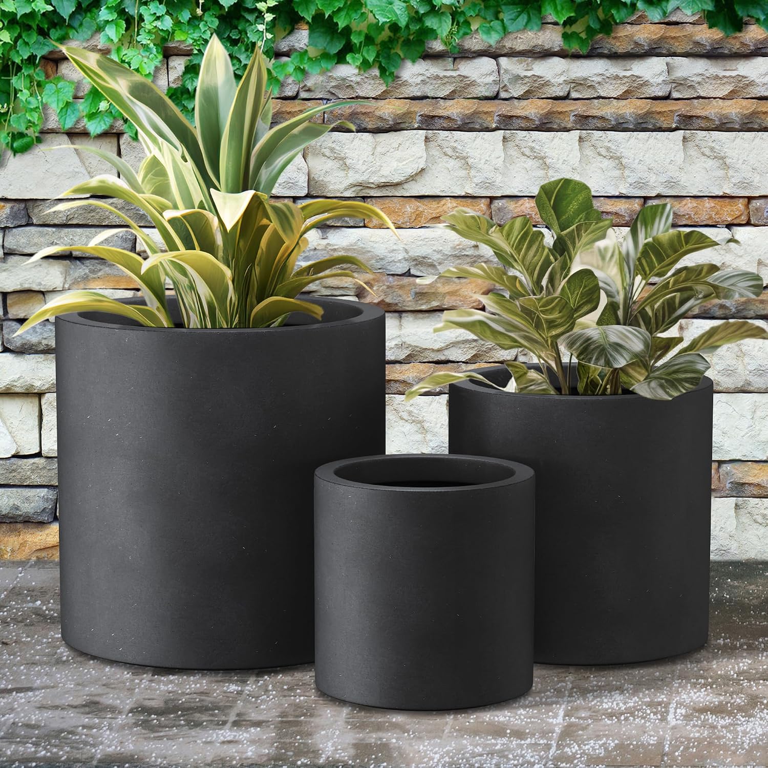 Kante Large Round Cylinder Charcoal Concrete Planter 15.8" Tall, Outdoor