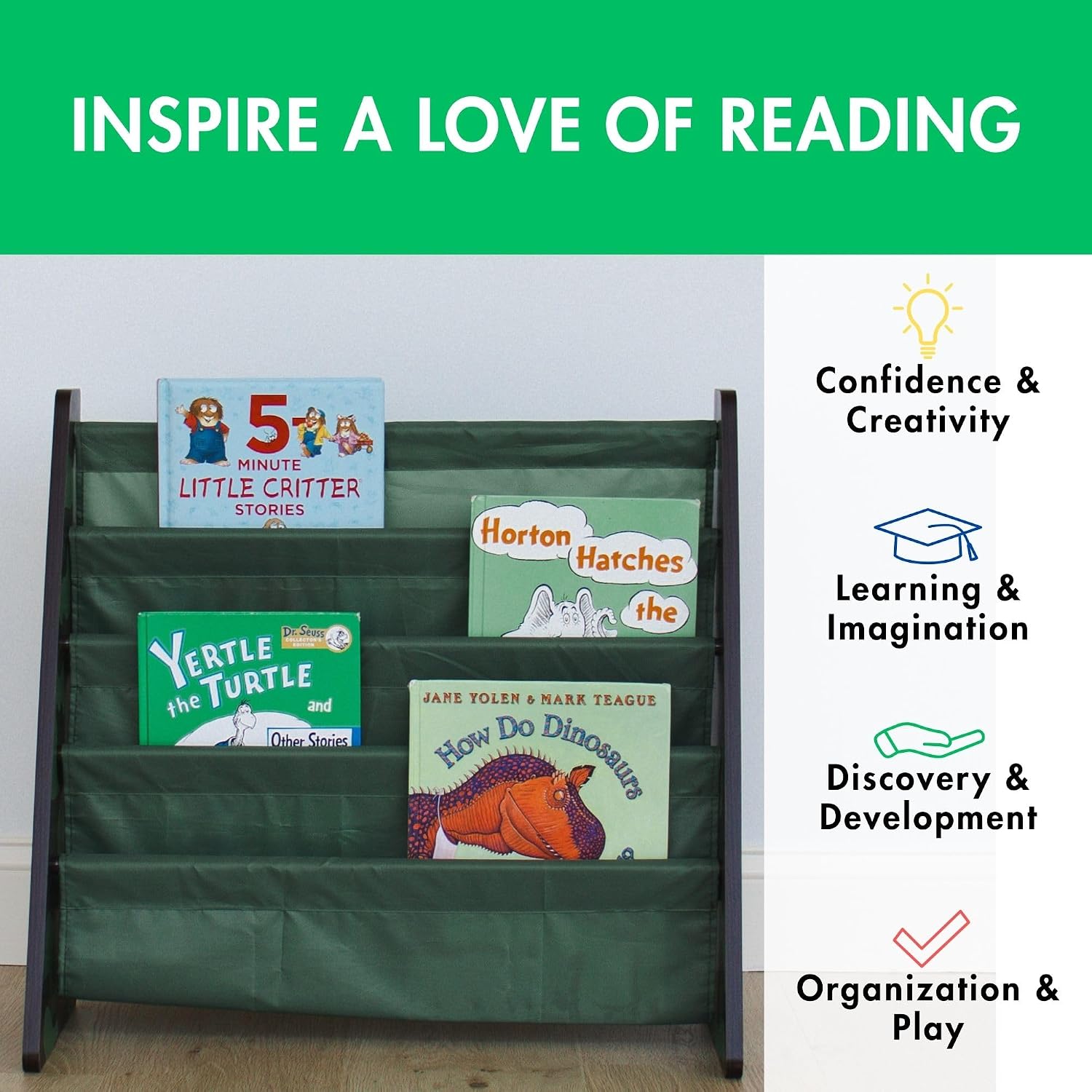 Humble Crew Kids Bookshelf, Montessori Front Facing Toddler Bookcase 4 Tier | Book display rack and reading nook organizer, nylon pockets show covers face out, compact for any playroom or bedroom space