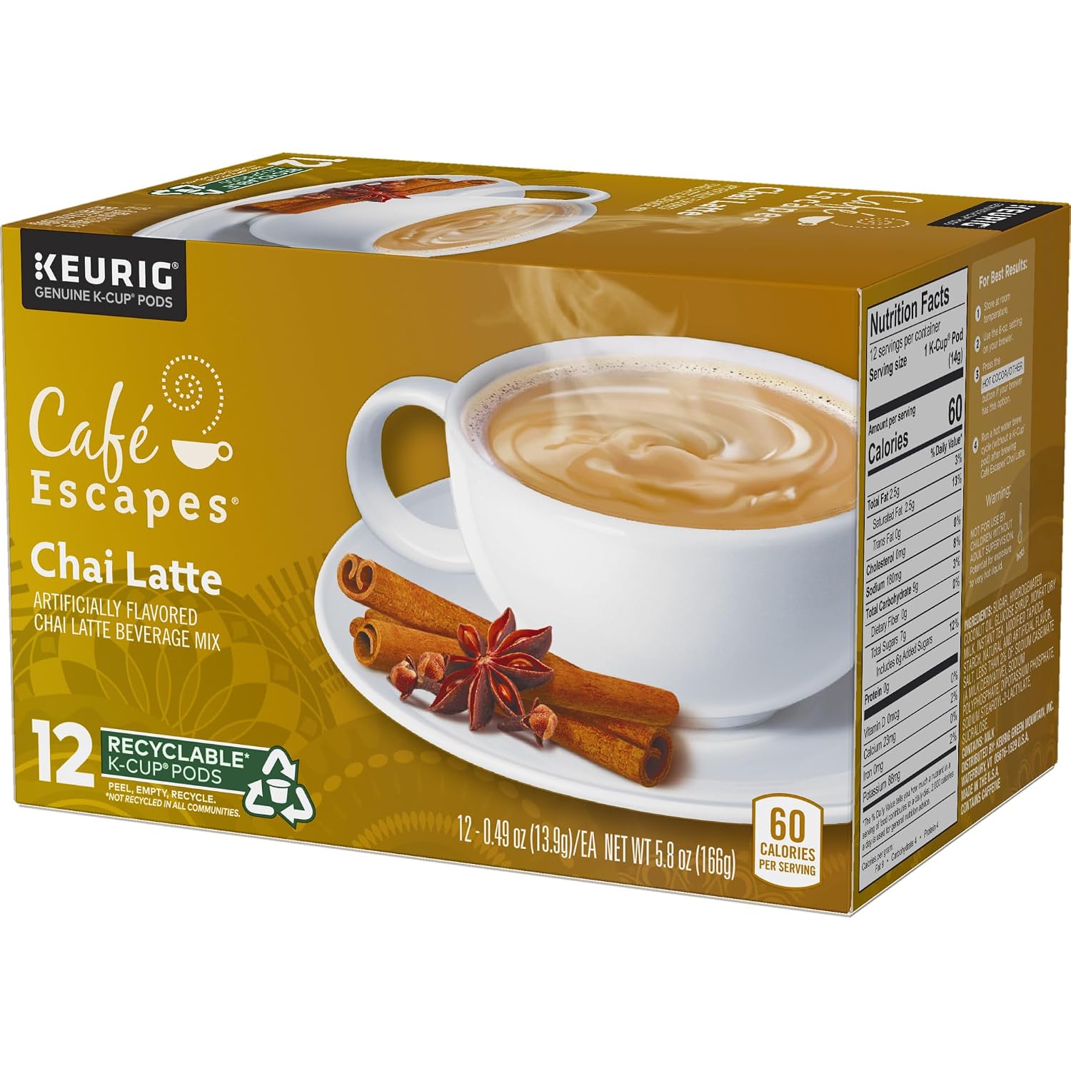 Cafe Escapes Chai Latte K-Cups, 16 Count (Packaging May Vary)