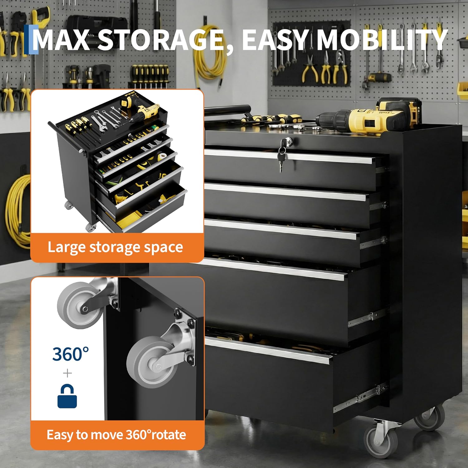 Rolling Tool Chest with Wheels, 5 Drawer Tool Storage Cabinet, Portable Toolbox Organizer with Lock, Heavy Duty Tool Chest Cart for Garage, Mechanic, Workshop, Shop, Mobile Tool Organizer, Black