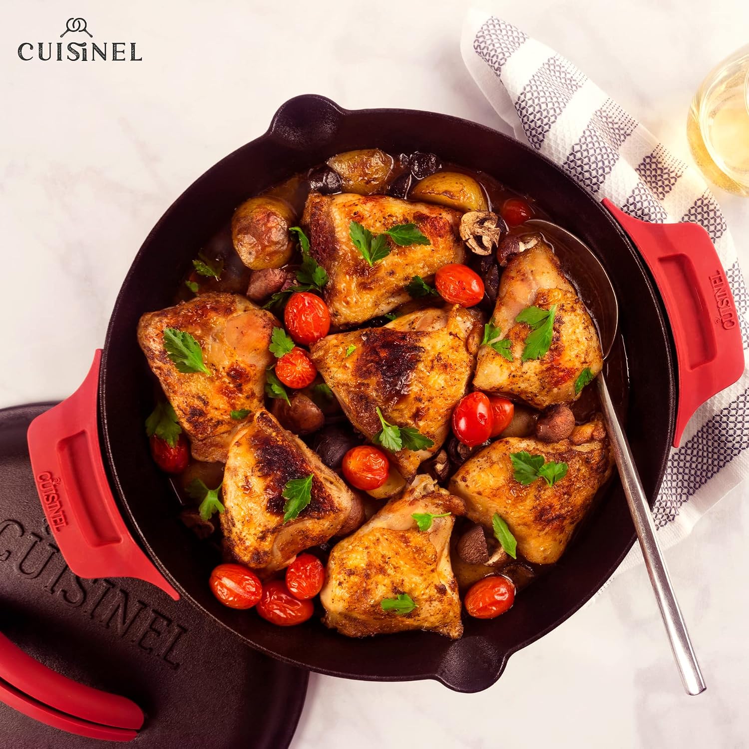 Cuisinel Cast Iron Skillet with Lid - 10"-Inch Pre-Seasoned Frying Pan + Glass Cover + Heat-Resistant Handle Holder - Indoor/Outdoor Use - Grill, Stove, Camp Firepit, Induction - Oven Safe Cookware