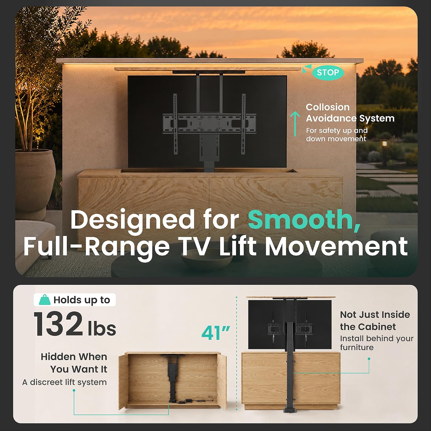 ynVISION.DESIGN Motorized TV Lift Mount for 37"-77" TV's | Vertical Lift Motor TV Stand with RF Remote and Smart Phone Control via WiFi