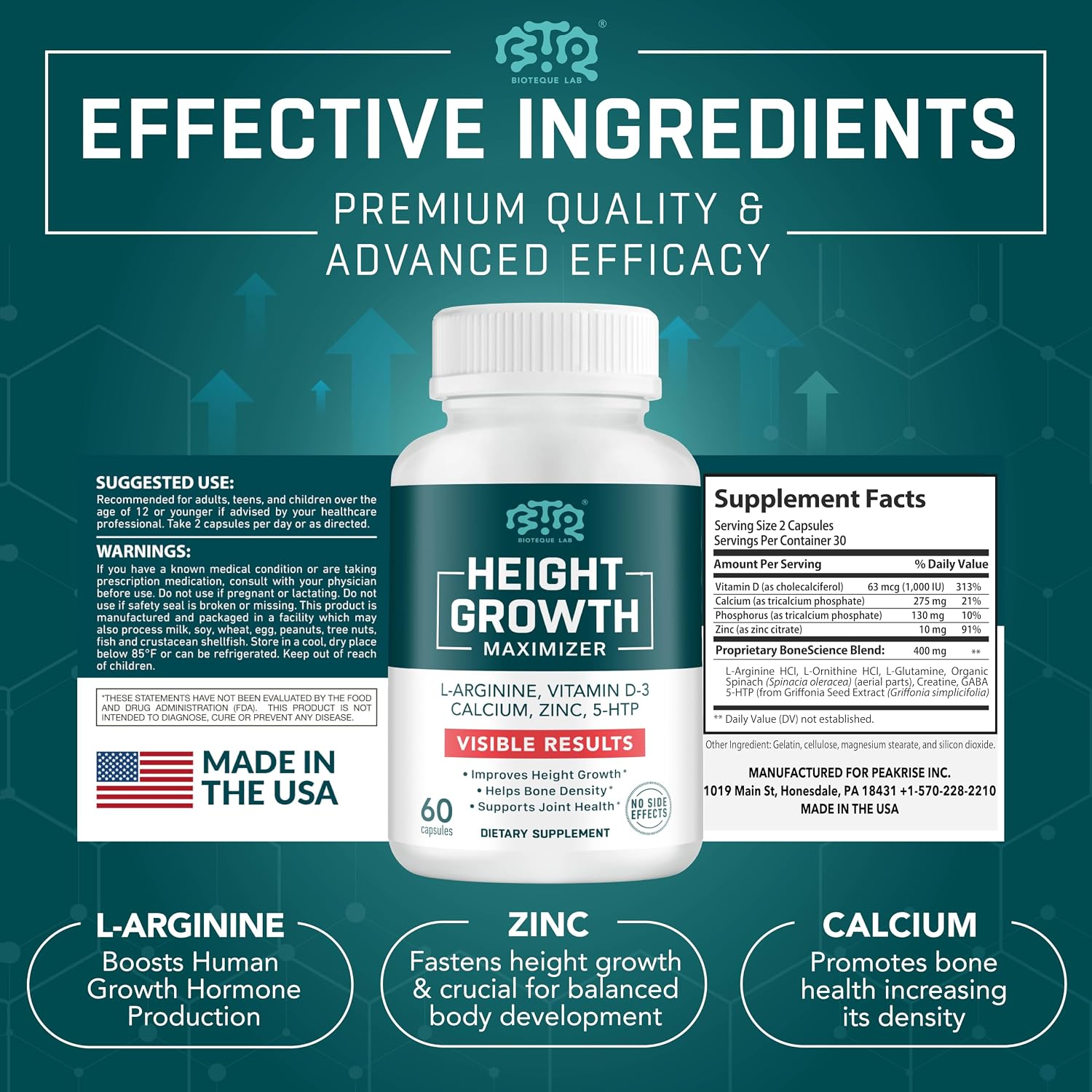 BIOTEQUELAB Height Growth Maximizer, Calcium, Vitamin D3 and Zinc Blend Pills, Bone Growth Supplement for Kids and Teens, Bone Strength