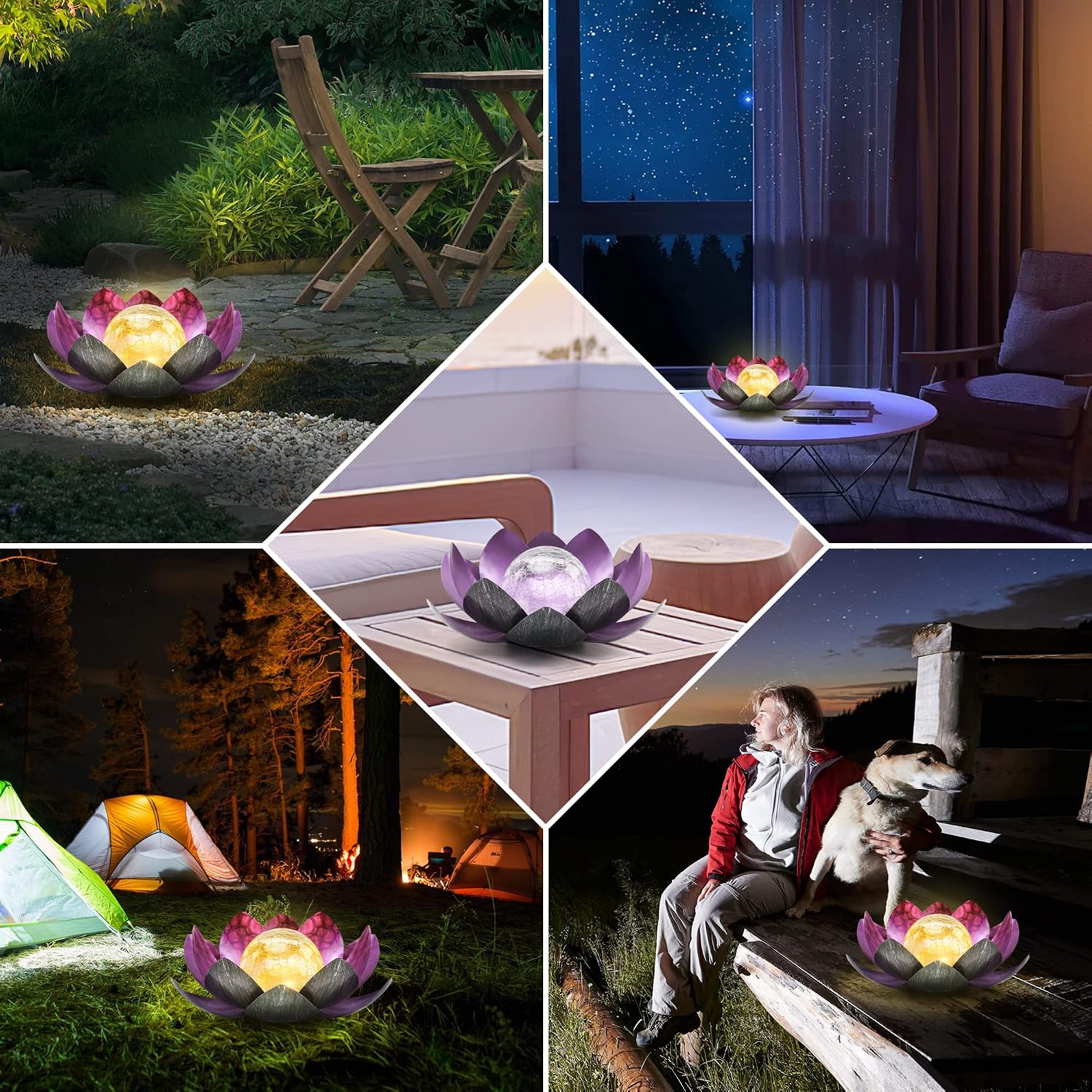 Outdoor Solar Lights, Garden Decor, Crackle Glass Globe, Waterproof Metal Lotus Flower Light for Patio, Lawn, Walkway, Tabletop, Ground
