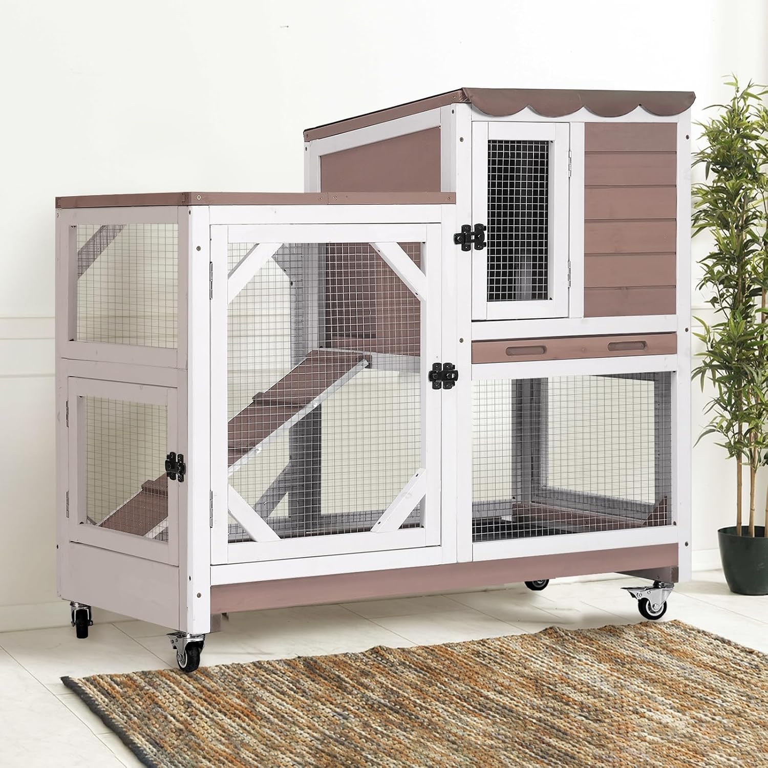 Indoor Rabbit Bunny Hutch Outdoor, Guinea Pig Cages with Removable Bottom Wire Netting - Easy Clean