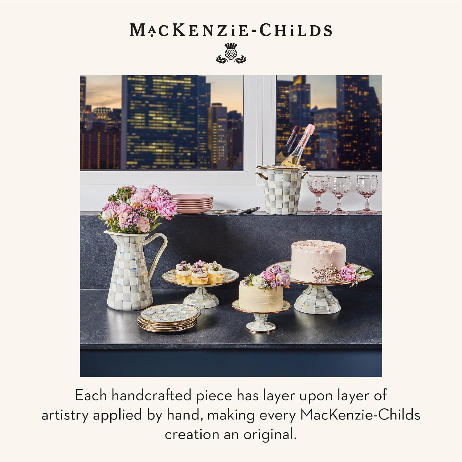 MACKENZIE-CHILDS Pedestal Platter, Mini, Black-and-White Courtly Check | Hand-painted design, made from enameled steel, stackable round cake stand for serving desserts, 8" dia. x 3" H