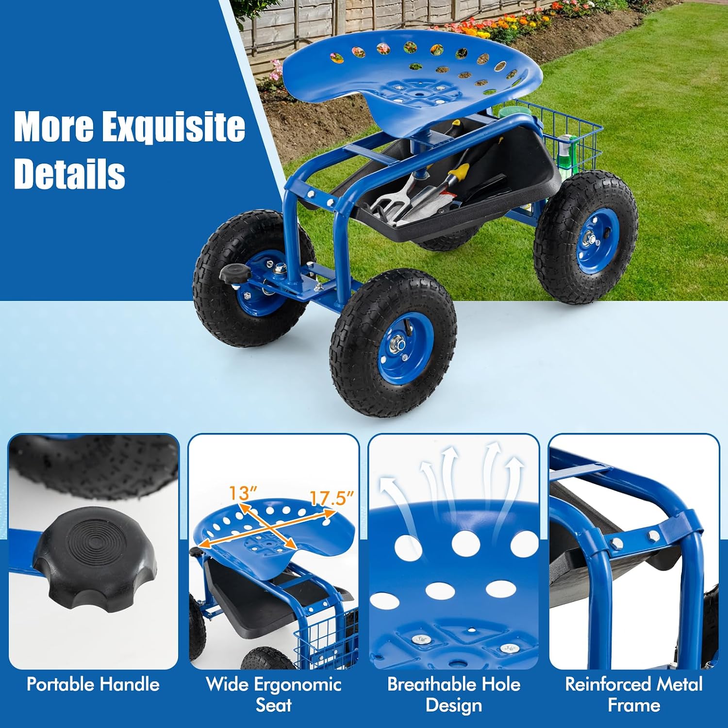 Goplus Rolling Garden Cart with Seat, Outdoor Garden Stool with Wheels, Tool Tray & Basket, Adjustable Steering Handle