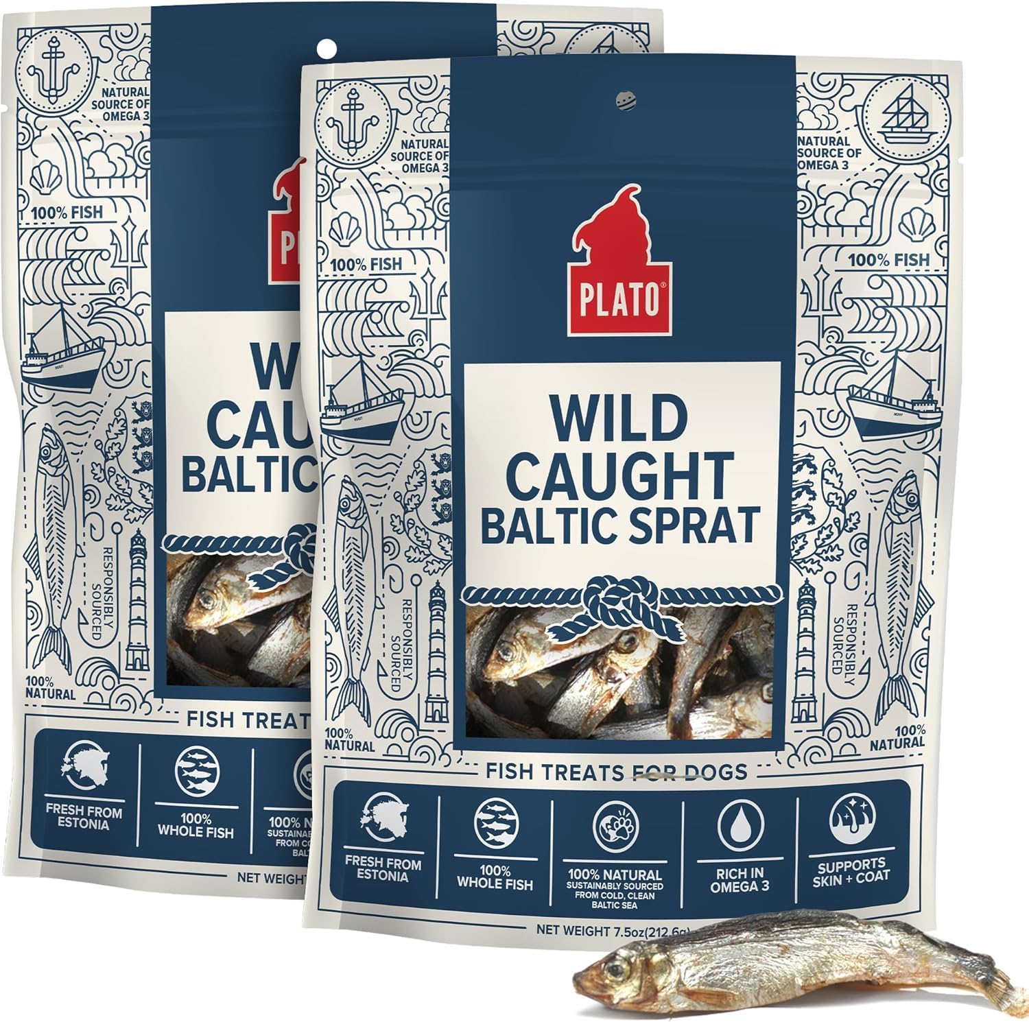 PLATO Single Ingredient Wild-Caught Baltic Sprat Dog Treats, Air-Dried Whole Fish, Omega-Rich Skin & Coat Support, 3 oz